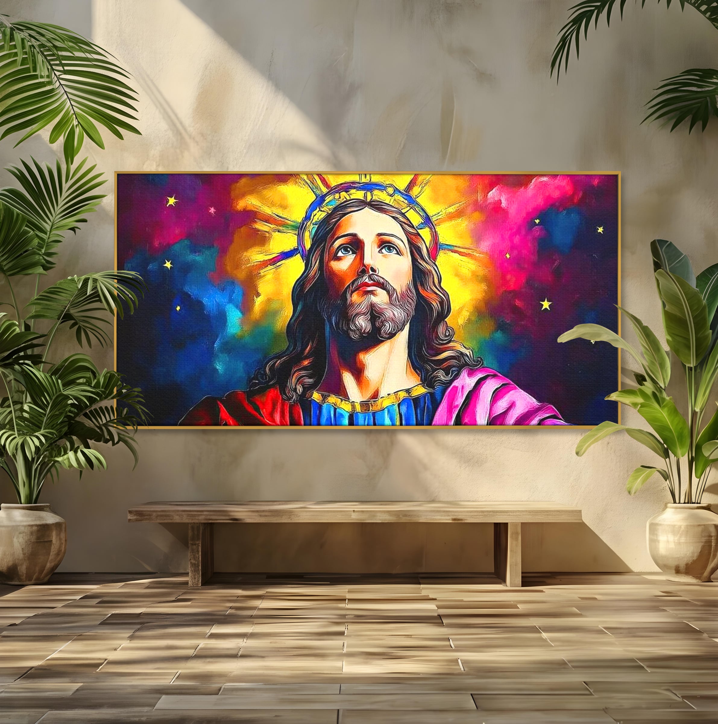 Tablou Canvas Premium LuxCanva® H1051, Stralucire Divina, Iisus, Contemplare, Pace Interioara, Coroana de Spini, Serenitate, Arta Religioasa Moderna, Living, Dormitor