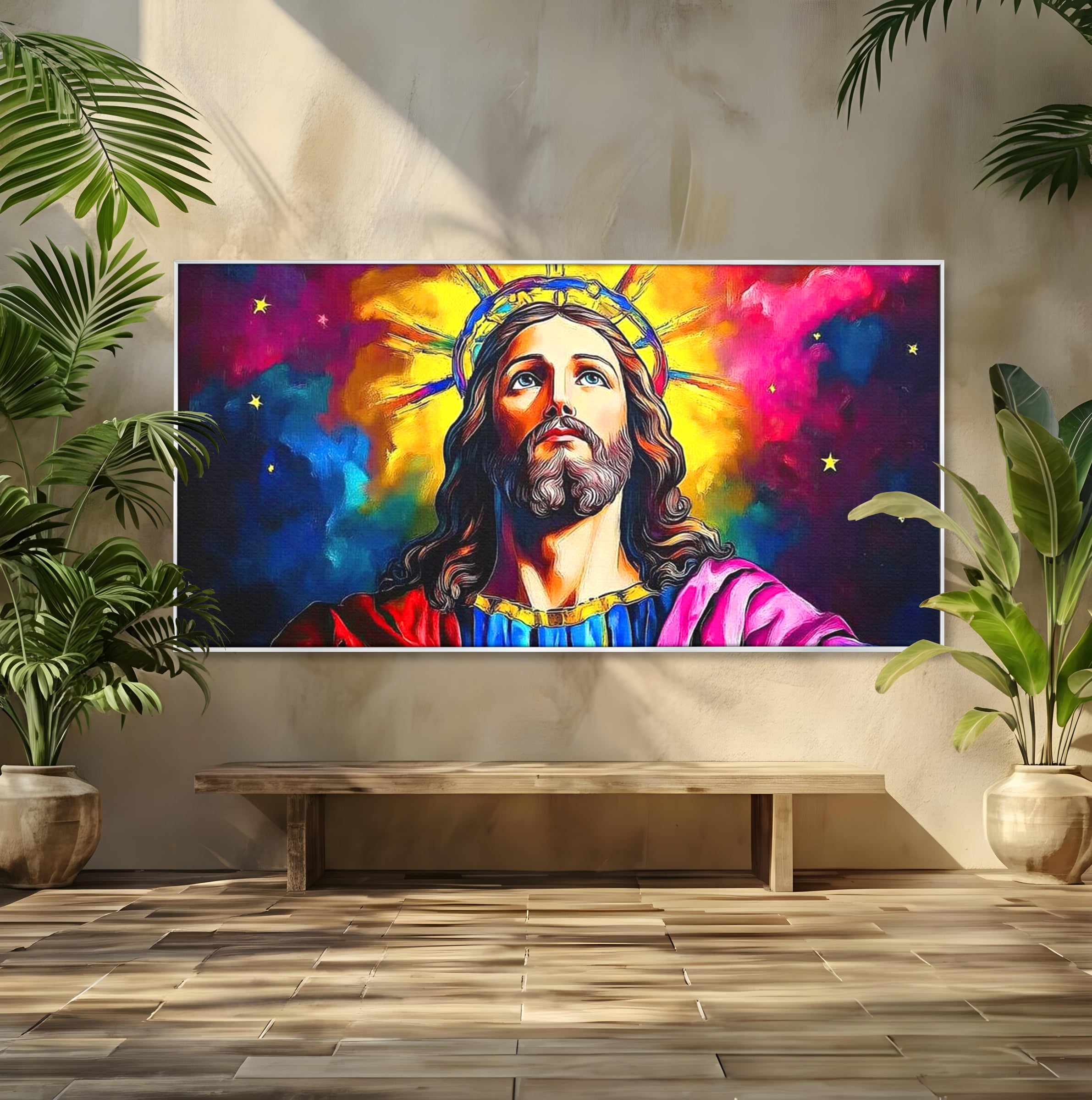 Tablou Canvas Premium LuxCanva® H1051, Stralucire Divina, Iisus, Contemplare, Pace Interioara, Coroana de Spini, Serenitate, Arta Religioasa Moderna, Living, Dormitor