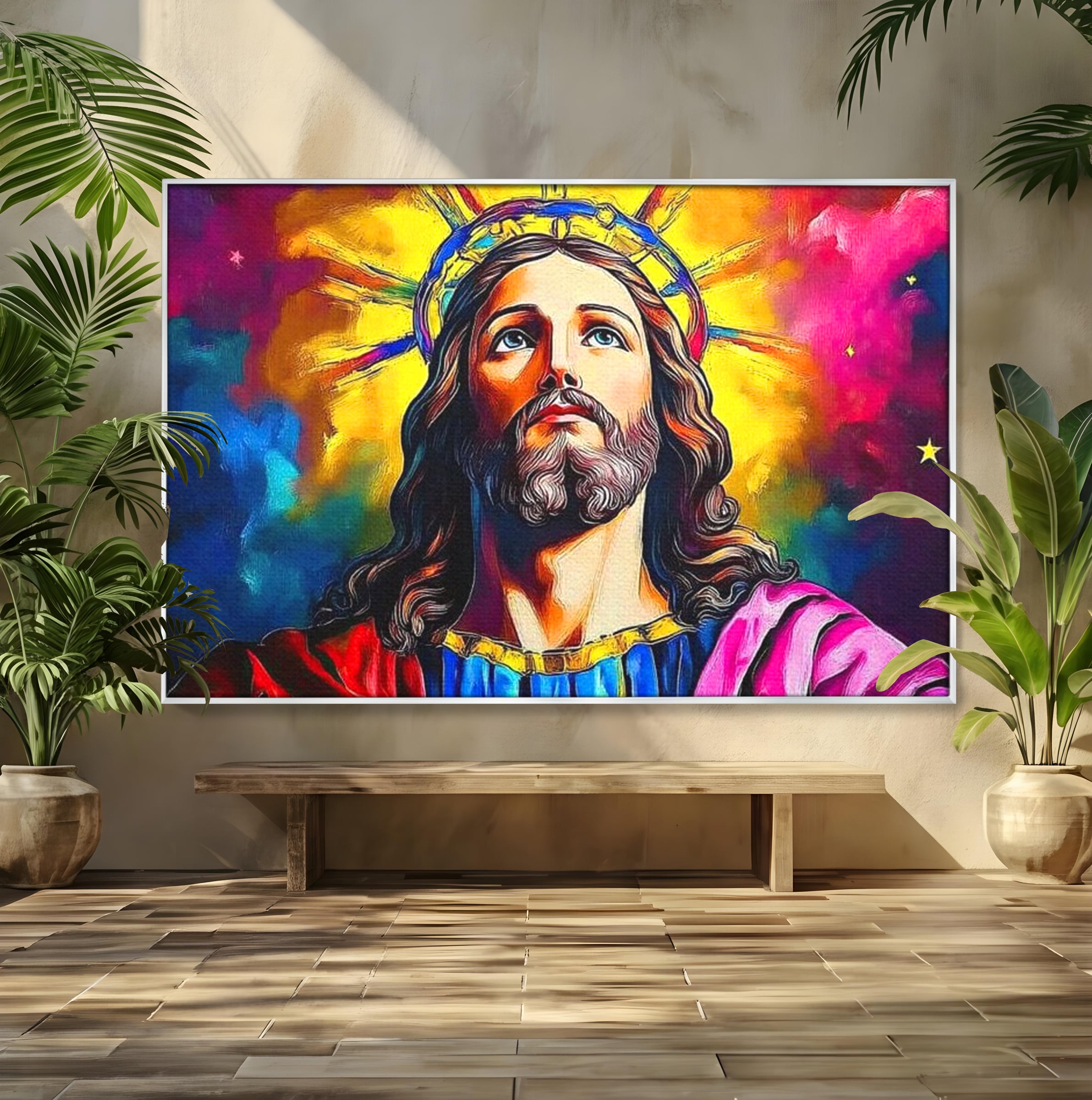 Tablou Canvas Premium LuxCanva® H1051, Stralucire Divina, Iisus, Contemplare, Pace Interioara, Coroana de Spini, Serenitate, Arta Religioasa Moderna, Living, Dormitor