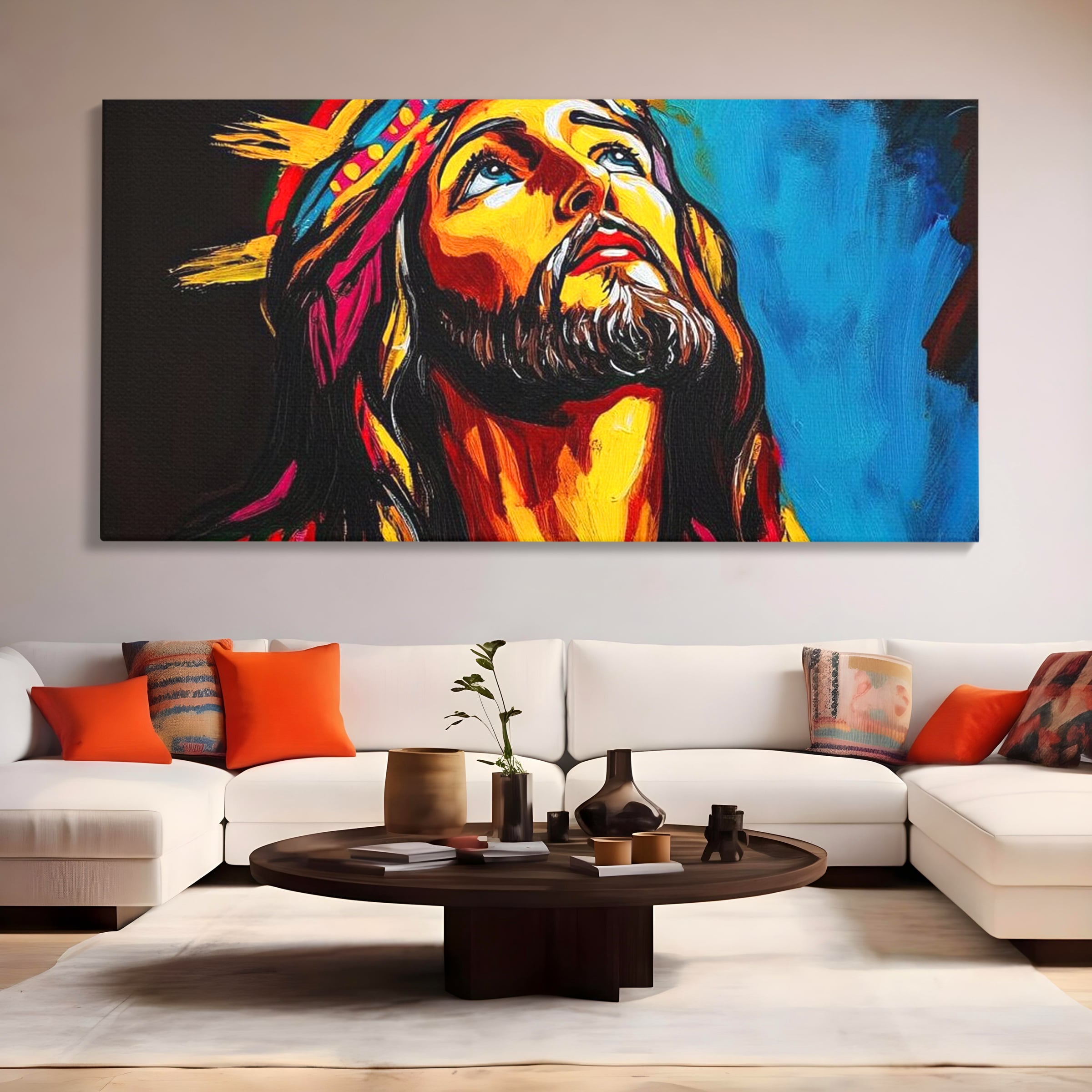 Tablou Canvas Premium LuxCanva® H1052, Privire catre Cer, Iisus, Contemplare, Pace Interioara, Coroana de Spini, Cer, Chip, Arta Religioasa Moderna, Living, Dormitor