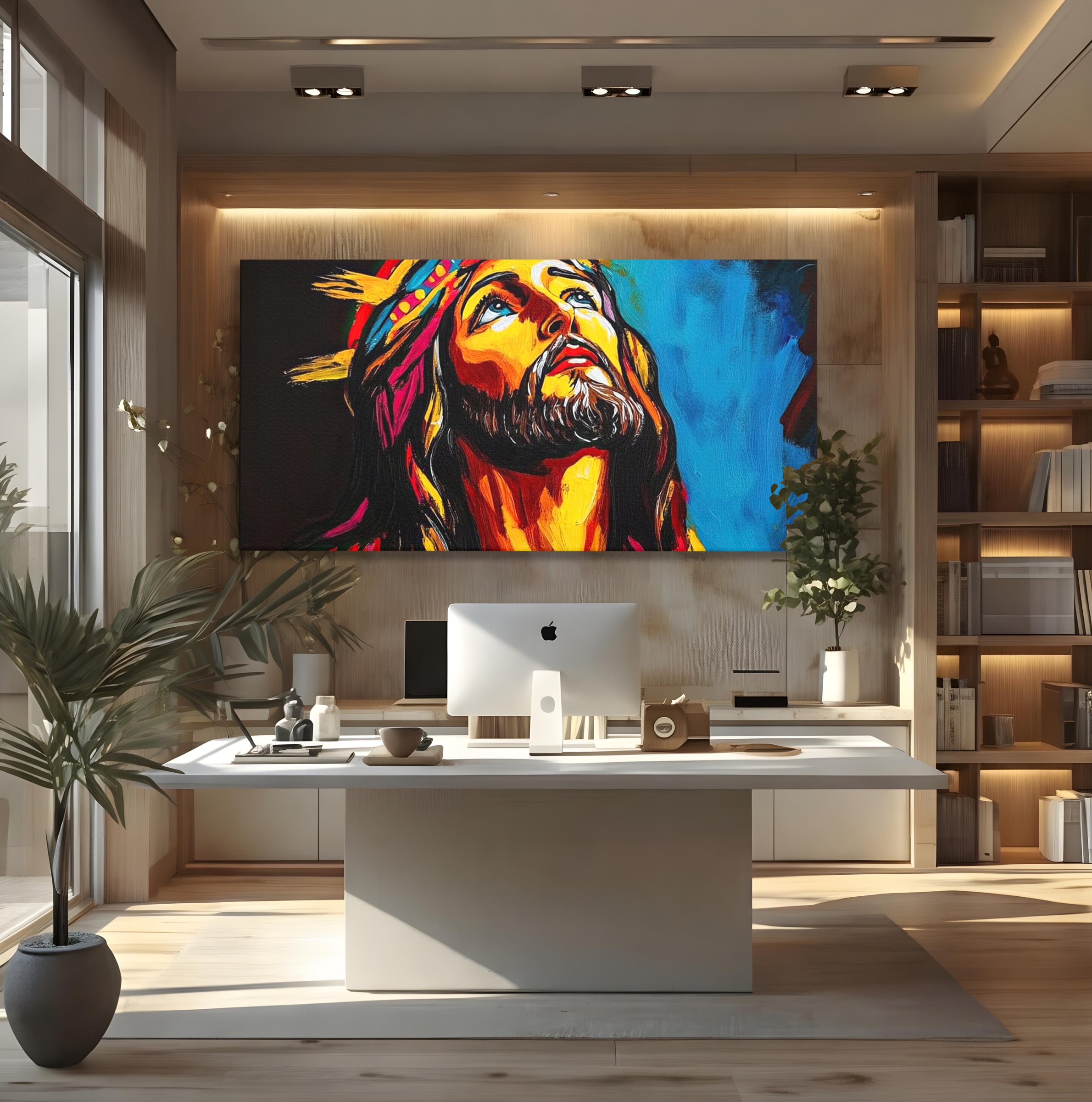 Tablou Canvas Premium LuxCanva® H1052, Privire catre Cer, Iisus, Contemplare, Pace Interioara, Coroana de Spini, Cer, Chip, Arta Religioasa Moderna, Living, Dormitor