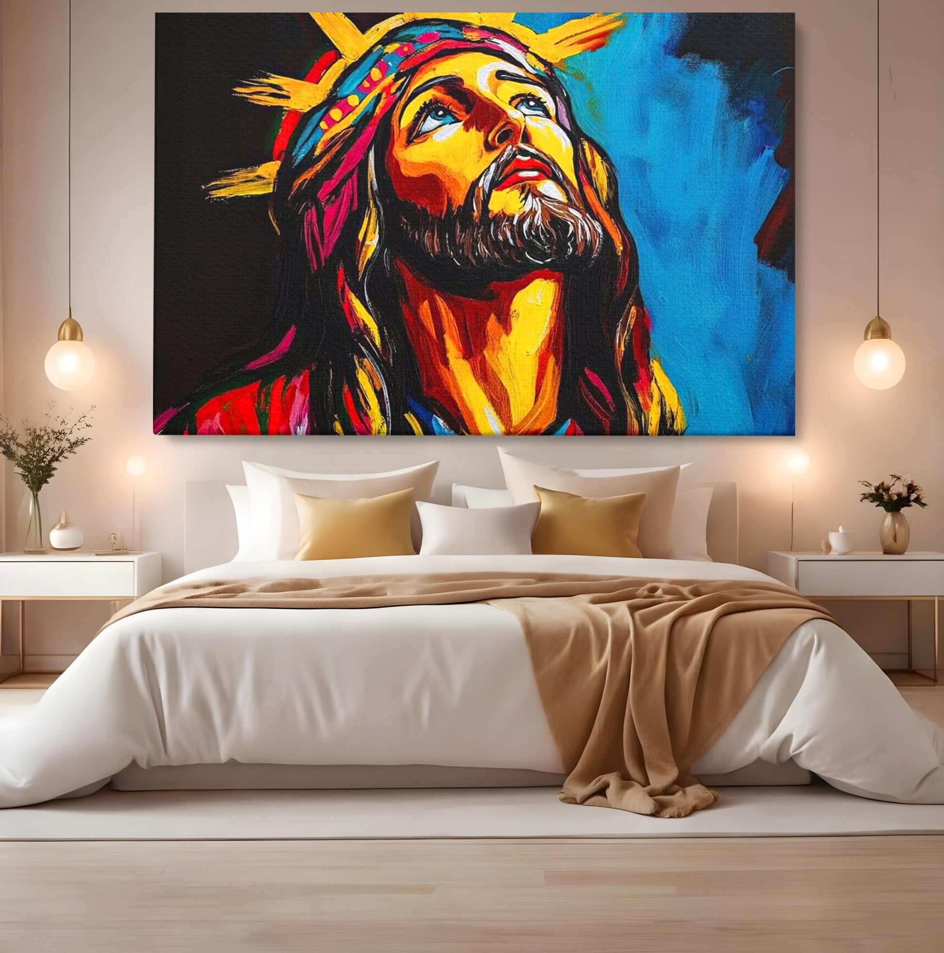 Tablou Canvas Premium LuxCanva® H1052, Privire catre Cer, Iisus, Contemplare, Pace Interioara, Coroana de Spini, Cer, Chip, Arta Religioasa Moderna, Living, Dormitor