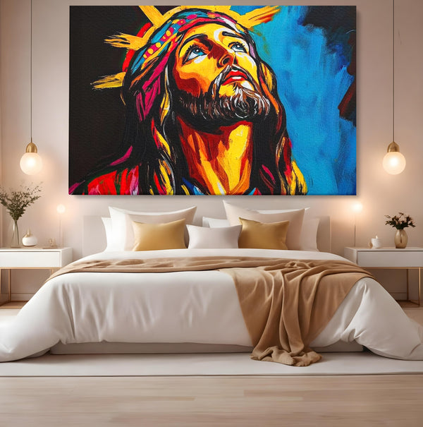 Tablou Canvas Premium LuxCanva® H1052, Privire catre Cer, Iisus, Contemplare, Pace Interioara, Coroana de Spini, Cer, Chip, Arta Religioasa Moderna, Living, Dormitor