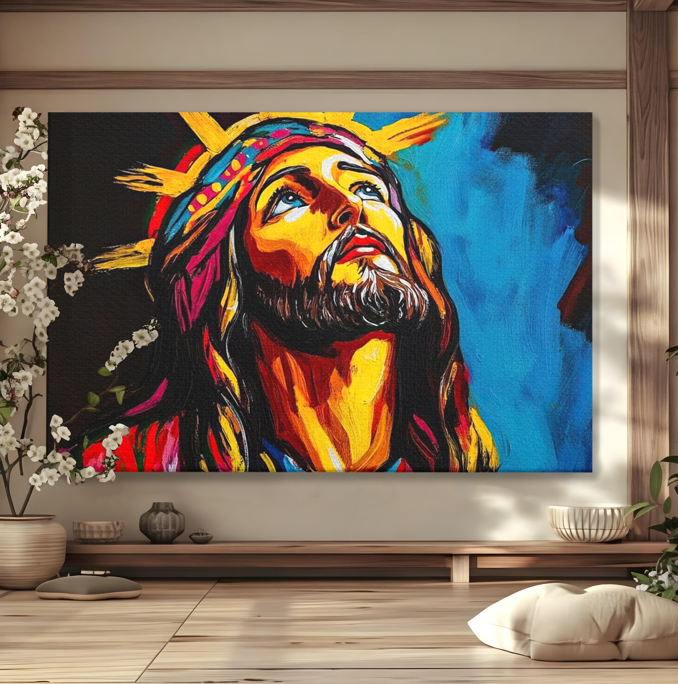 Tablou Canvas Premium LuxCanva® H1052, Privire catre Cer, Iisus, Contemplare, Pace Interioara, Coroana de Spini, Cer, Chip, Arta Religioasa Moderna, Living, Dormitor