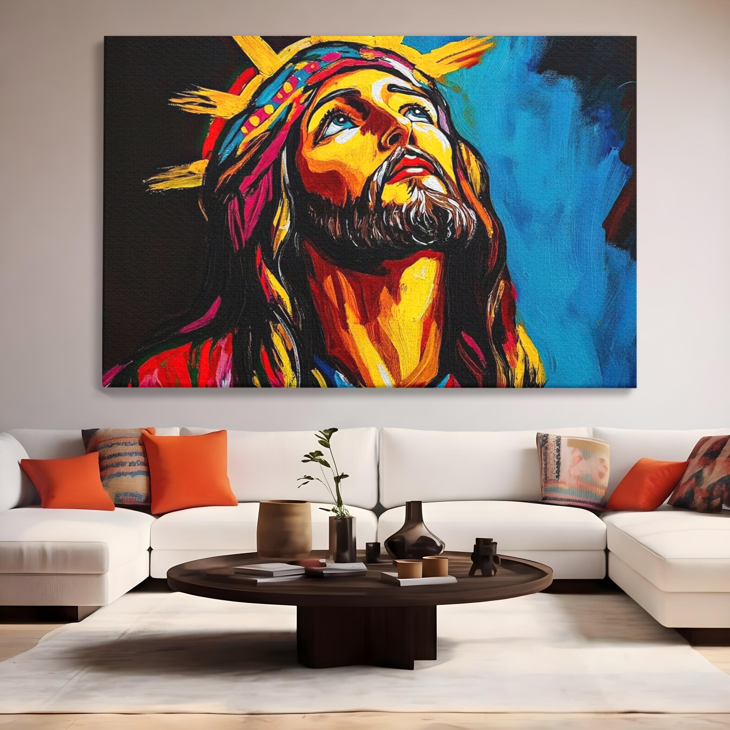 Tablou Canvas Premium LuxCanva® H1052, Privire catre Cer, Iisus, Contemplare, Pace Interioara, Coroana de Spini, Cer, Chip, Arta Religioasa Moderna, Living, Dormitor
