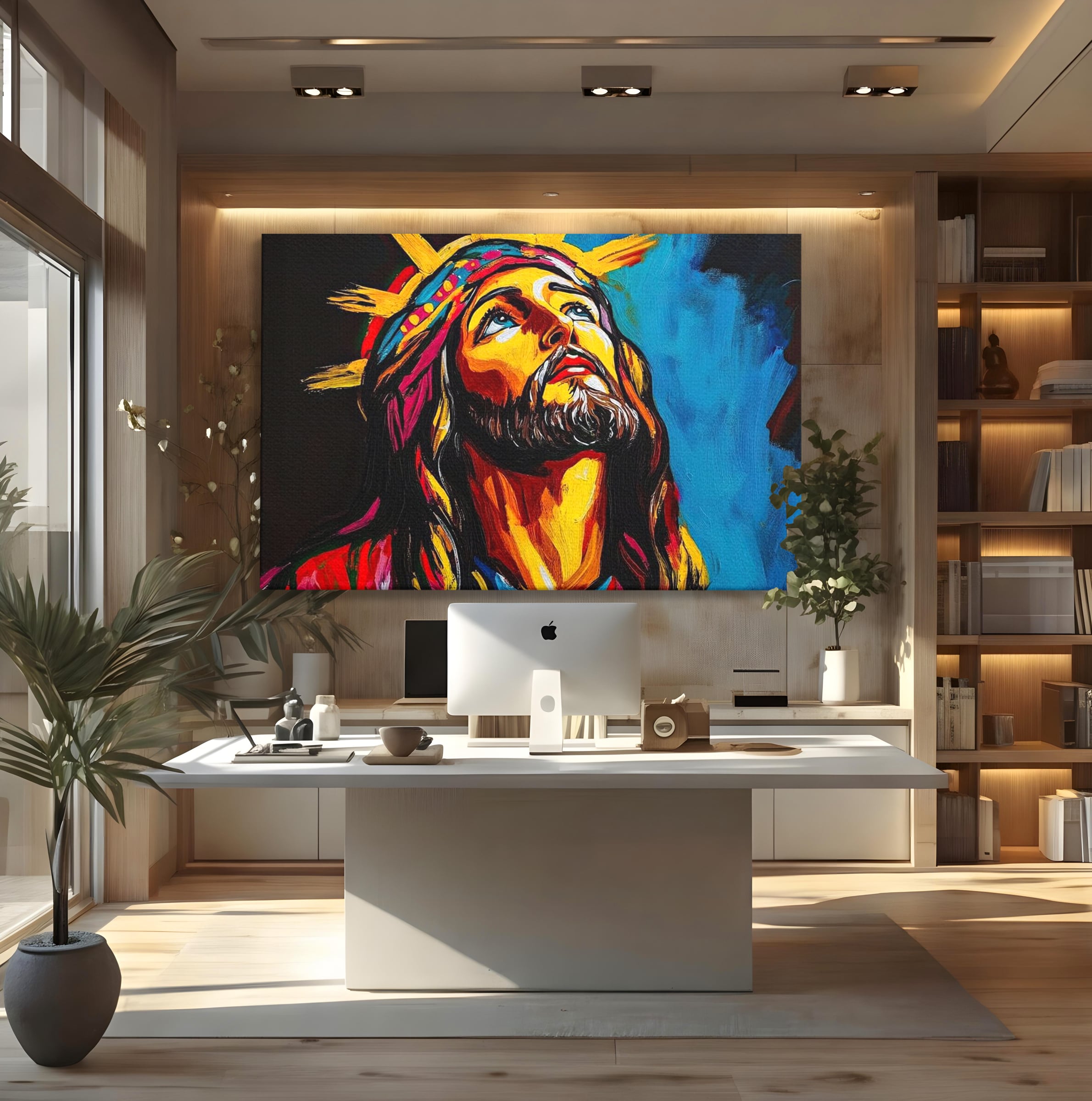 Tablou Canvas Premium LuxCanva® H1052, Privire catre Cer, Iisus, Contemplare, Pace Interioara, Coroana de Spini, Cer, Chip, Arta Religioasa Moderna, Living, Dormitor