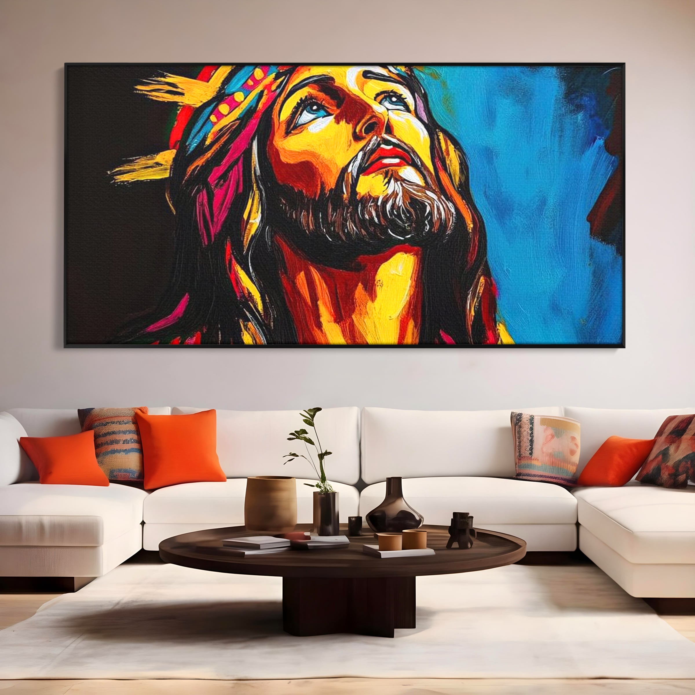 Tablou Canvas Premium LuxCanva® H1052, Privire catre Cer, Iisus, Contemplare, Pace Interioara, Coroana de Spini, Cer, Chip, Arta Religioasa Moderna, Living, Dormitor