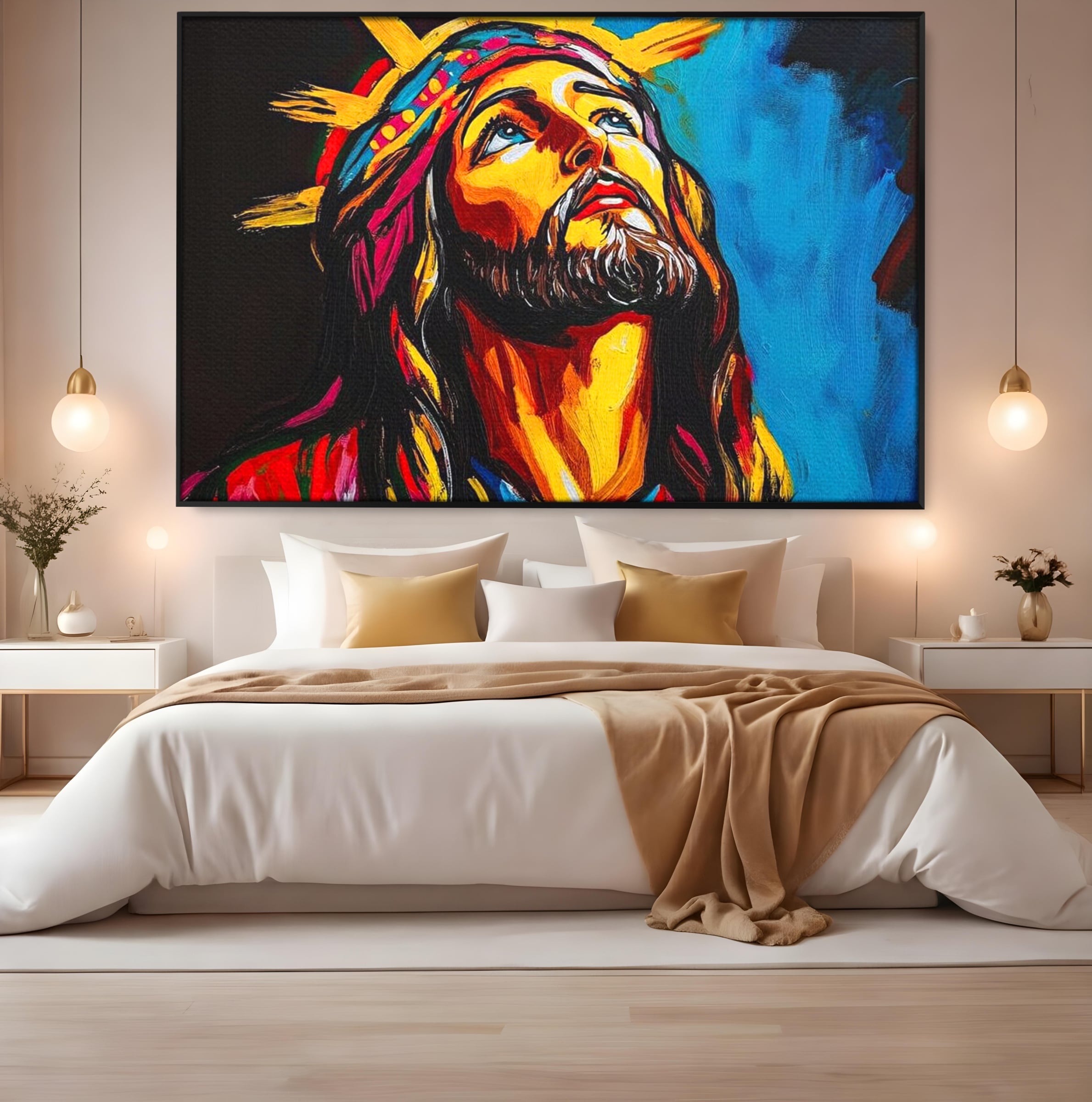 Tablou Canvas Premium LuxCanva® H1052, Privire catre Cer, Iisus, Contemplare, Pace Interioara, Coroana de Spini, Cer, Chip, Arta Religioasa Moderna, Living, Dormitor