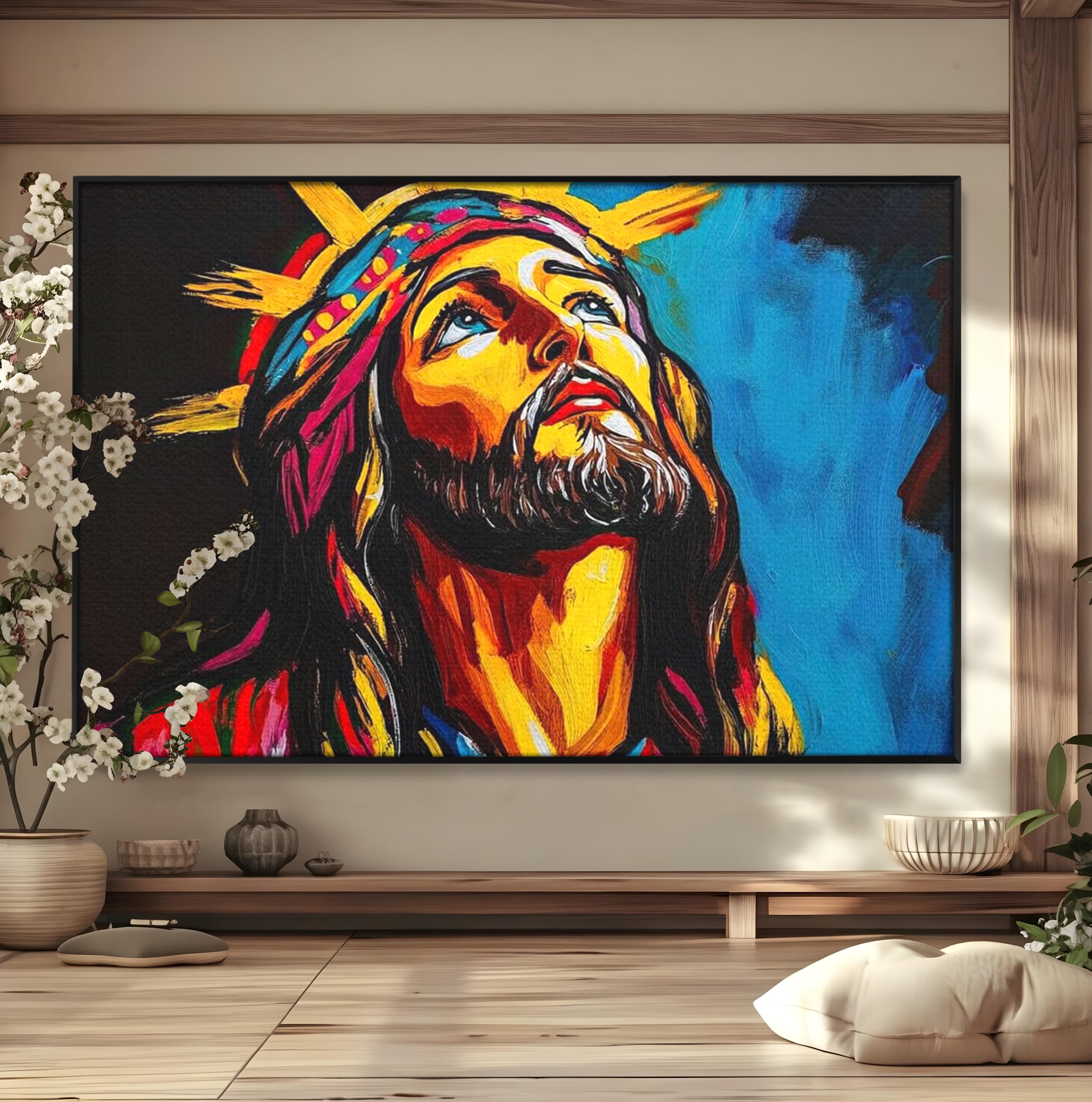 Tablou Canvas Premium LuxCanva® H1052, Privire catre Cer, Iisus, Contemplare, Pace Interioara, Coroana de Spini, Cer, Chip, Arta Religioasa Moderna, Living, Dormitor