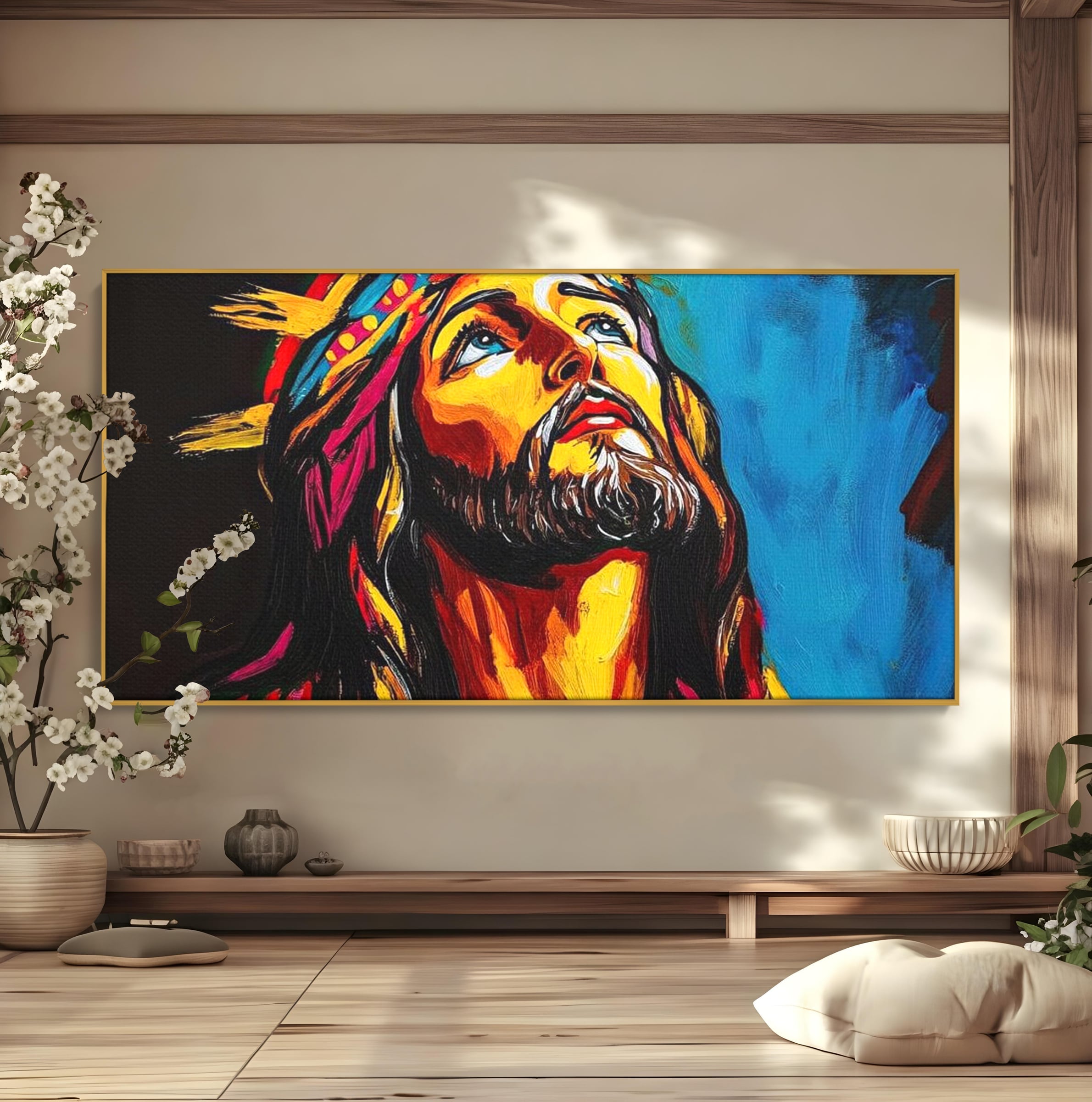 Tablou Canvas Premium LuxCanva® H1052, Privire catre Cer, Iisus, Contemplare, Pace Interioara, Coroana de Spini, Cer, Chip, Arta Religioasa Moderna, Living, Dormitor