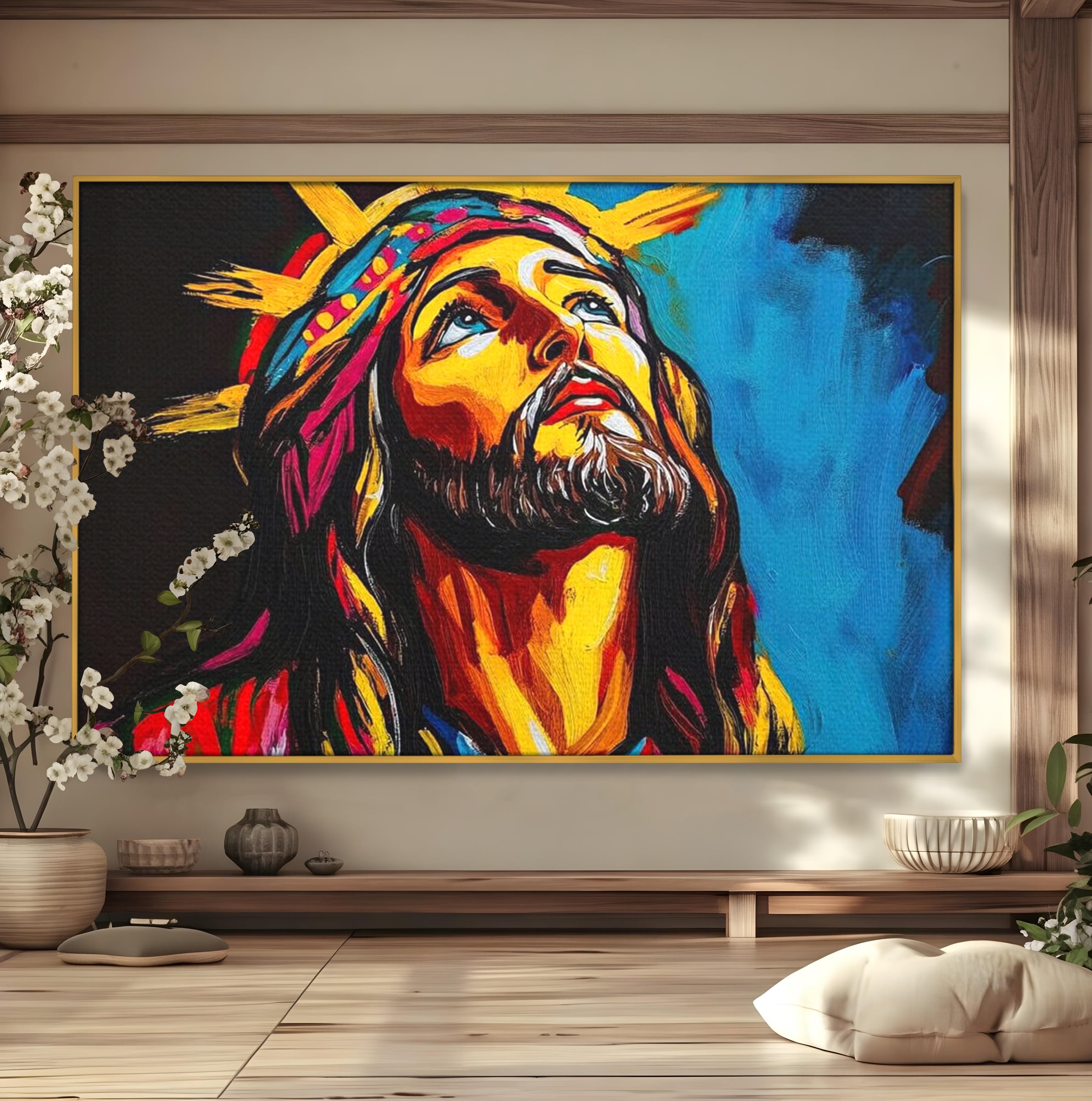 Tablou Canvas Premium LuxCanva® H1052, Privire catre Cer, Iisus, Contemplare, Pace Interioara, Coroana de Spini, Cer, Chip, Arta Religioasa Moderna, Living, Dormitor