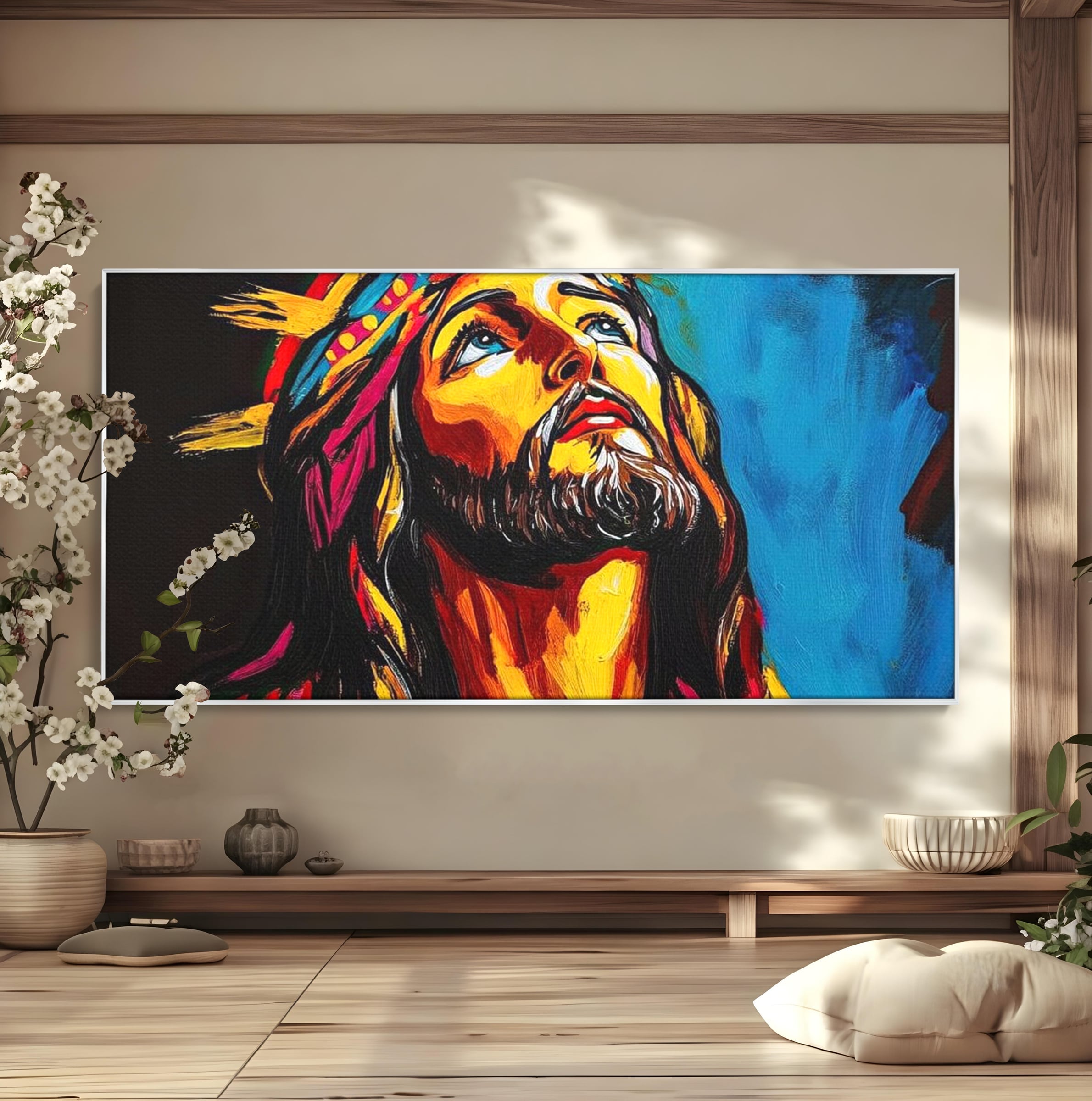 Tablou Canvas Premium LuxCanva® H1052, Privire catre Cer, Iisus, Contemplare, Pace Interioara, Coroana de Spini, Cer, Chip, Arta Religioasa Moderna, Living, Dormitor
