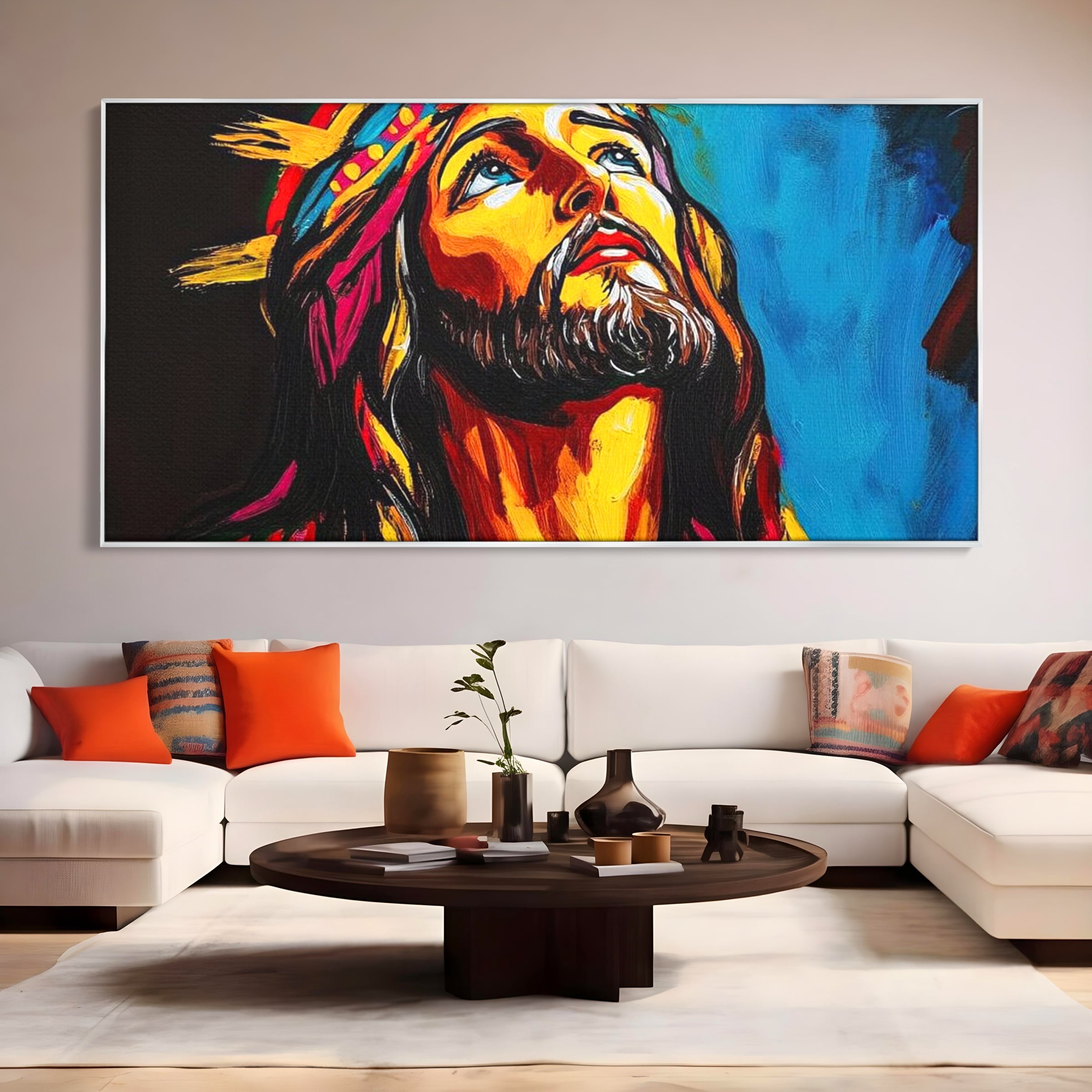 Tablou Canvas Premium LuxCanva® H1052, Privire catre Cer, Iisus, Contemplare, Pace Interioara, Coroana de Spini, Cer, Chip, Arta Religioasa Moderna, Living, Dormitor