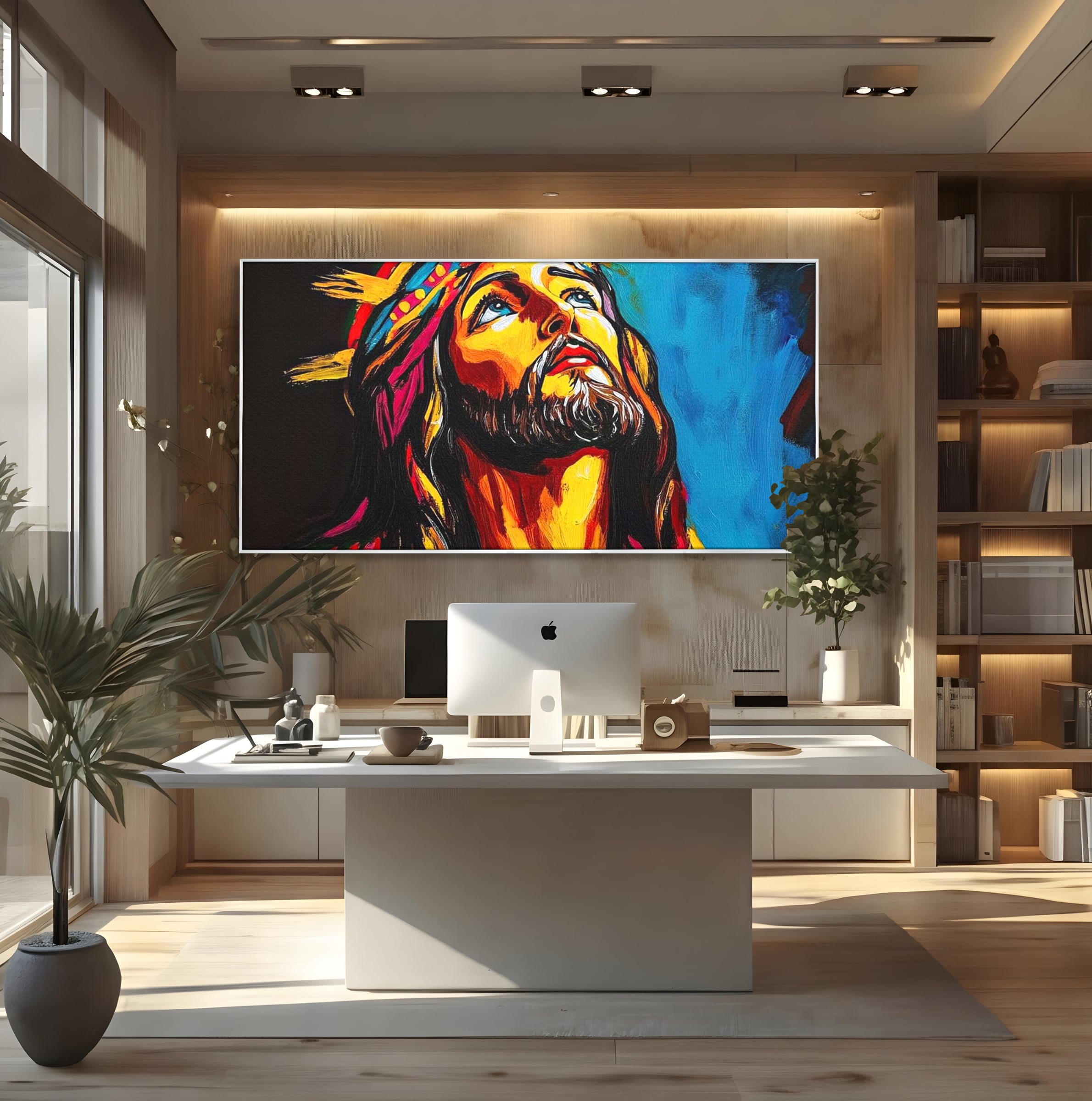 Tablou Canvas Premium LuxCanva® H1052, Privire catre Cer, Iisus, Contemplare, Pace Interioara, Coroana de Spini, Cer, Chip, Arta Religioasa Moderna, Living, Dormitor