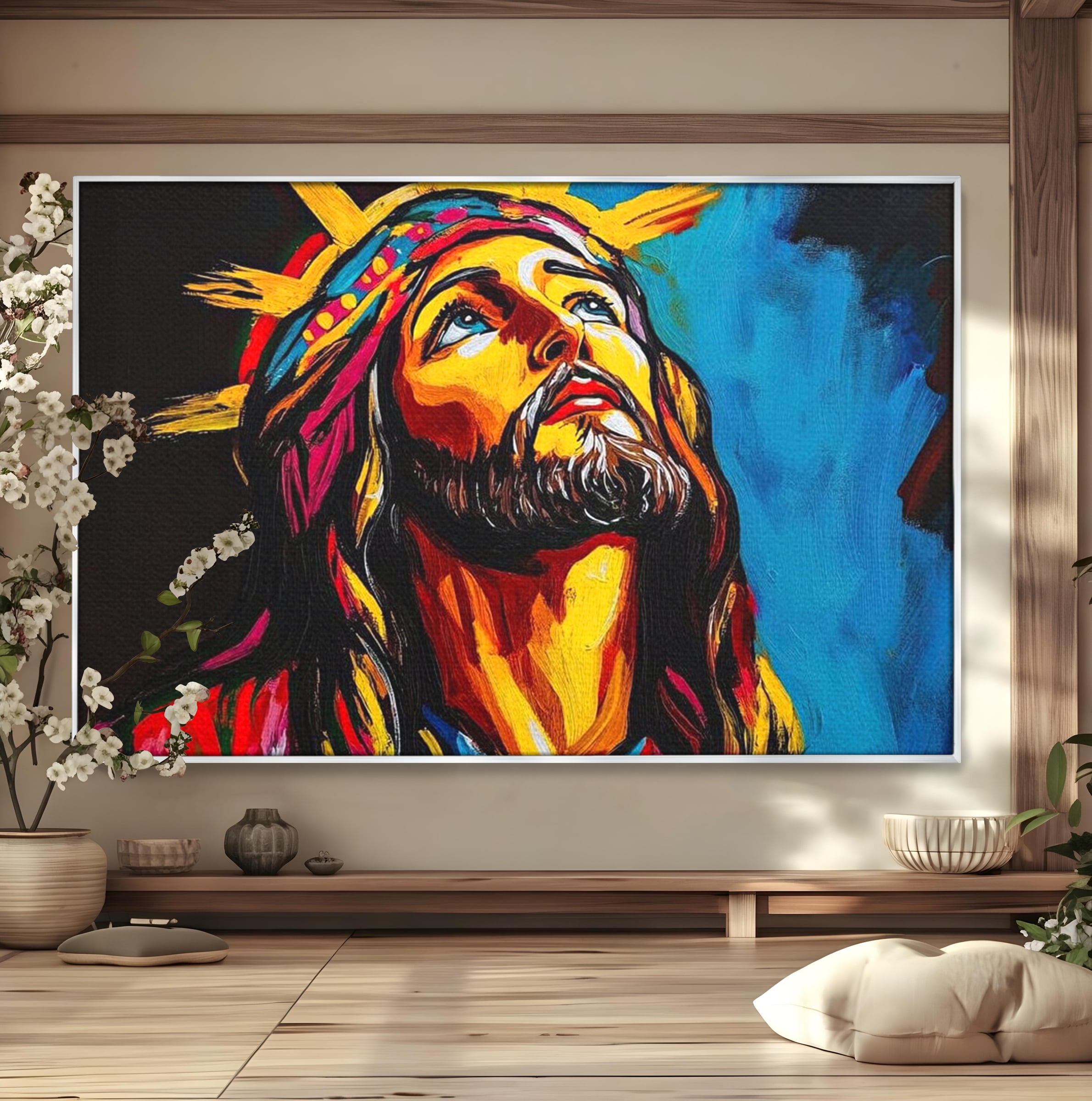 Tablou Canvas Premium LuxCanva® H1052, Privire catre Cer, Iisus, Contemplare, Pace Interioara, Coroana de Spini, Cer, Chip, Arta Religioasa Moderna, Living, Dormitor
