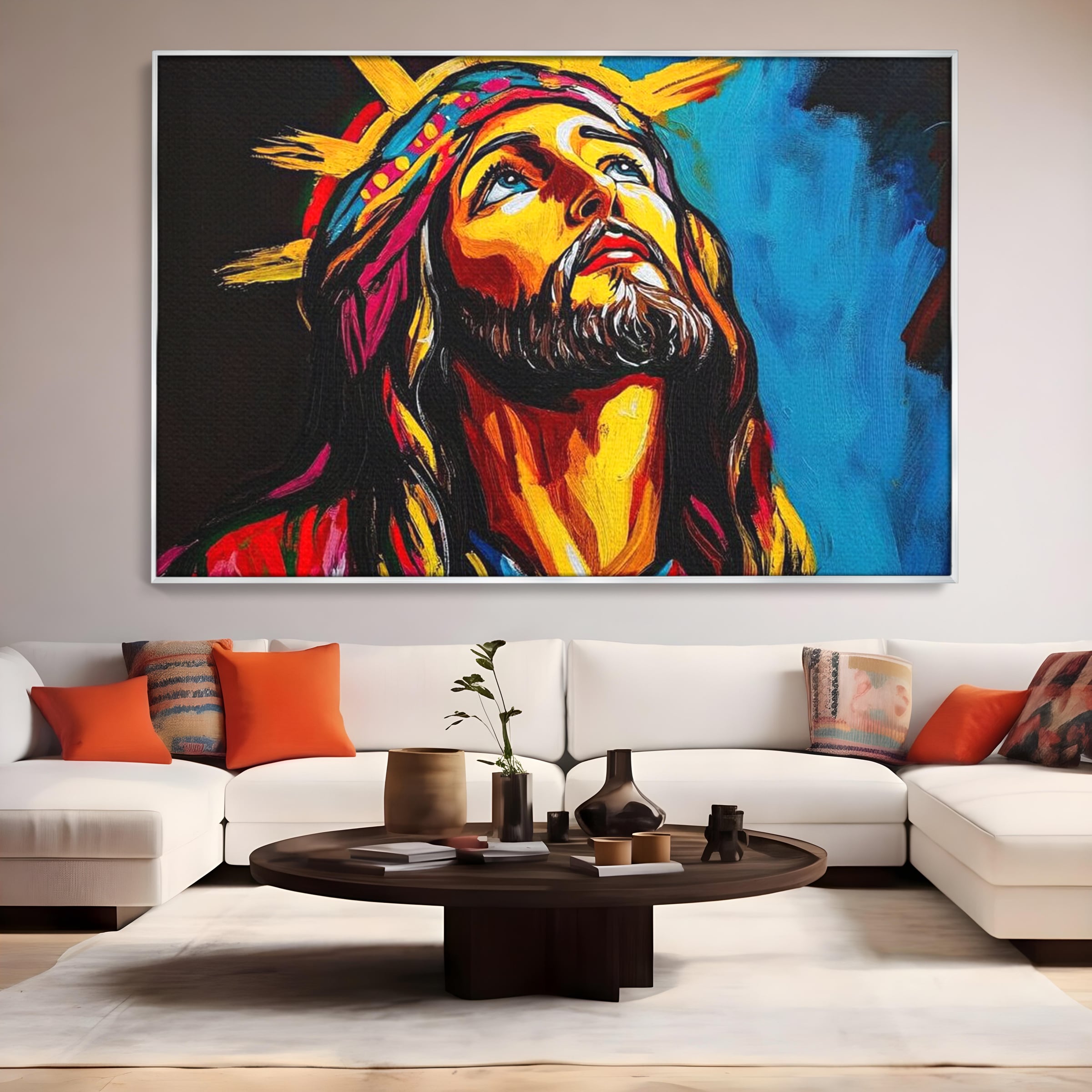 Tablou Canvas Premium LuxCanva® H1052, Privire catre Cer, Iisus, Contemplare, Pace Interioara, Coroana de Spini, Cer, Chip, Arta Religioasa Moderna, Living, Dormitor