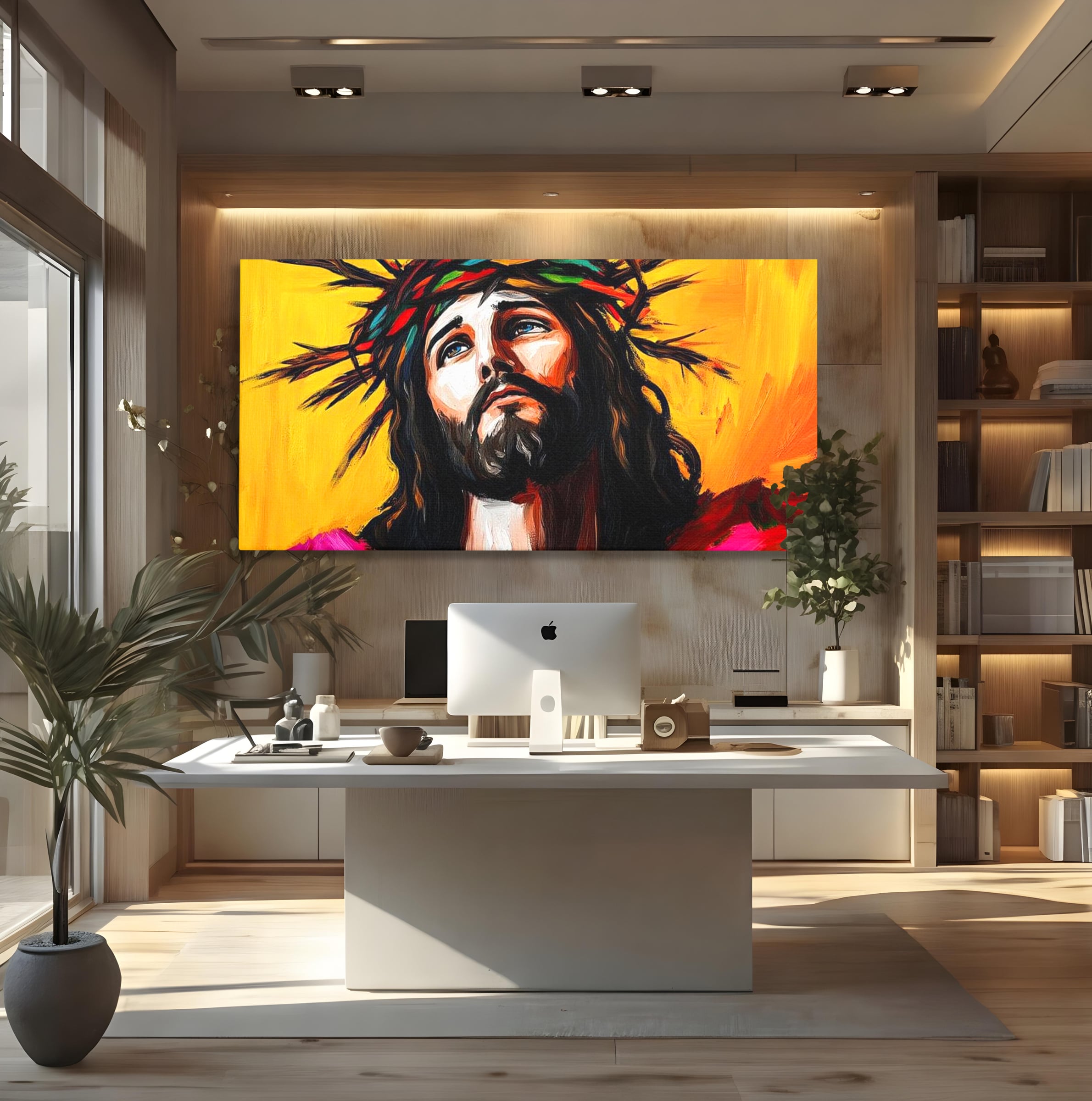 Tablou Canvas Premium LuxCanva® H1053, Sacrificiu Divin, Iisus, Contemplare, Pace Interioara, Coroana de Spini, Cer, Chip, Arta Religioasa Moderna, Living, Dormitor