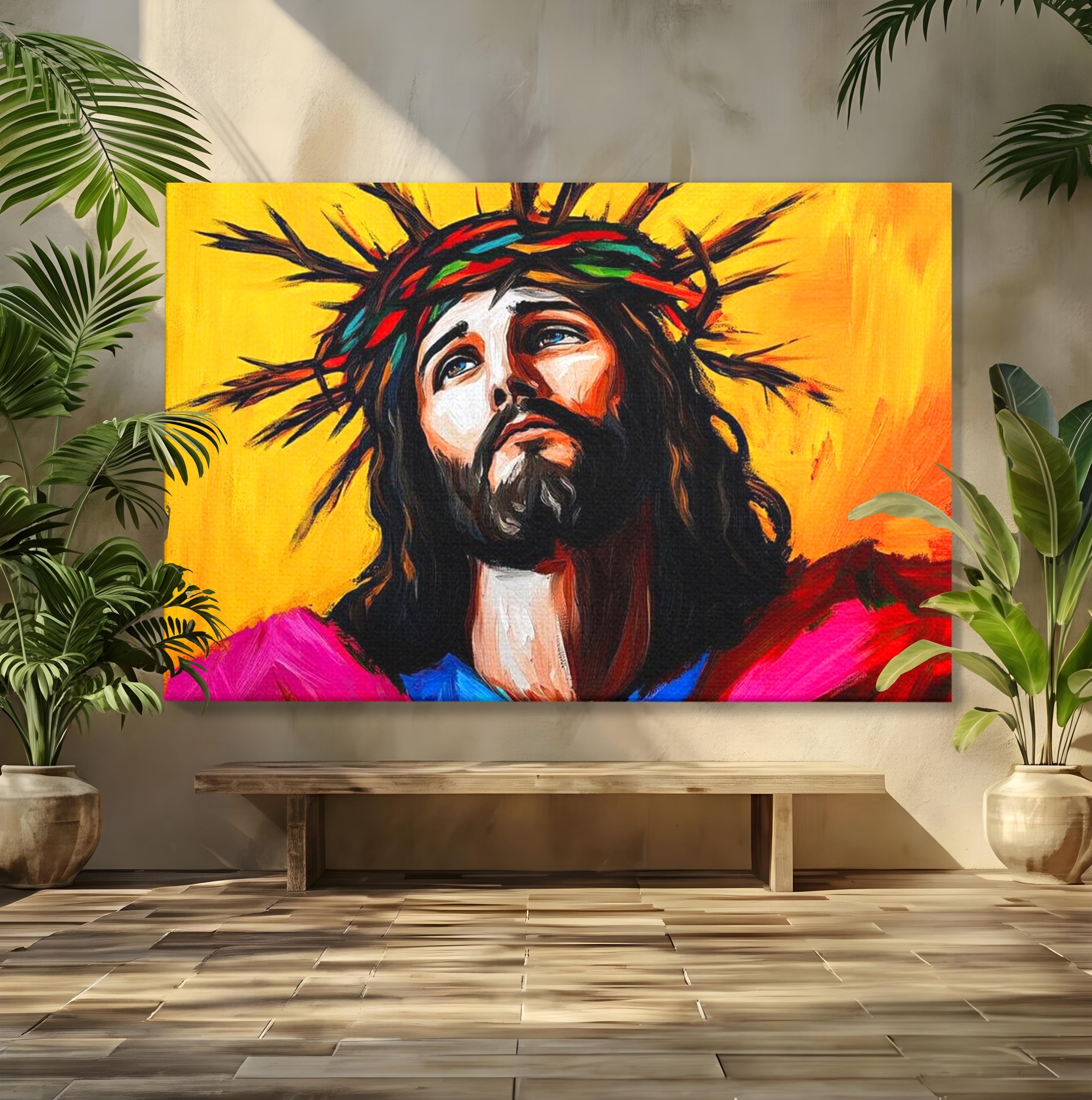Tablou Canvas Premium LuxCanva® H1053, Sacrificiu Divin, Iisus, Contemplare, Pace Interioara, Coroana de Spini, Cer, Chip, Arta Religioasa Moderna, Living, Dormitor