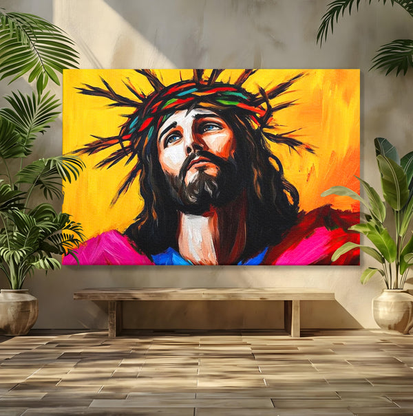 Tablou Canvas Premium LuxCanva® H1053, Sacrificiu Divin, Iisus, Contemplare, Pace Interioara, Coroana de Spini, Cer, Chip, Arta Religioasa Moderna, Living, Dormitor