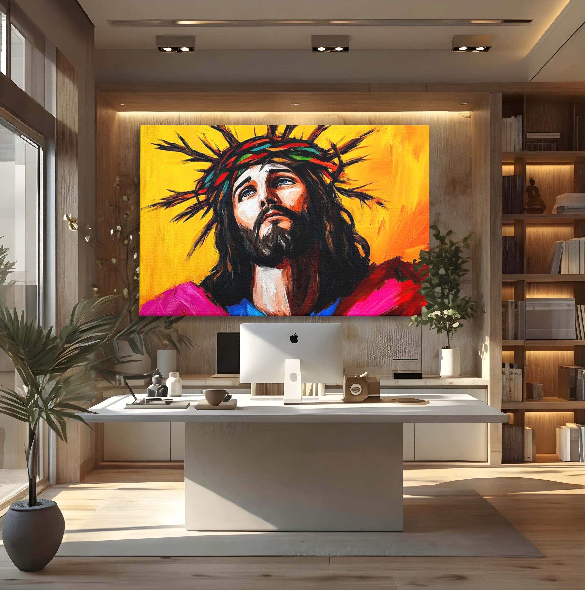 Tablou Canvas Premium LuxCanva® H1053, Sacrificiu Divin, Iisus, Contemplare, Pace Interioara, Coroana de Spini, Cer, Chip, Arta Religioasa Moderna, Living, Dormitor
