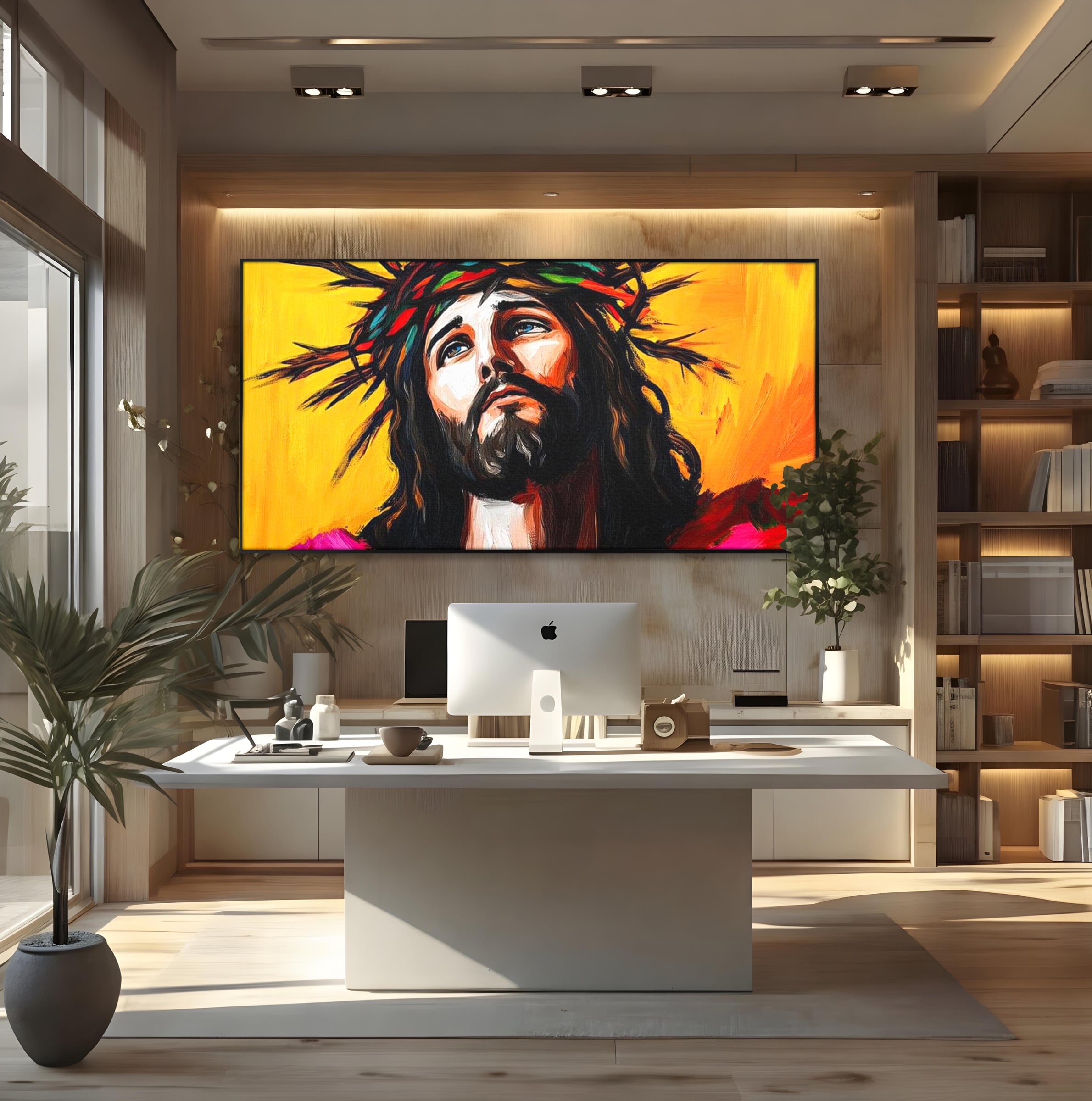 Tablou Canvas Premium LuxCanva® H1053, Sacrificiu Divin, Iisus, Contemplare, Pace Interioara, Coroana de Spini, Cer, Chip, Arta Religioasa Moderna, Living, Dormitor