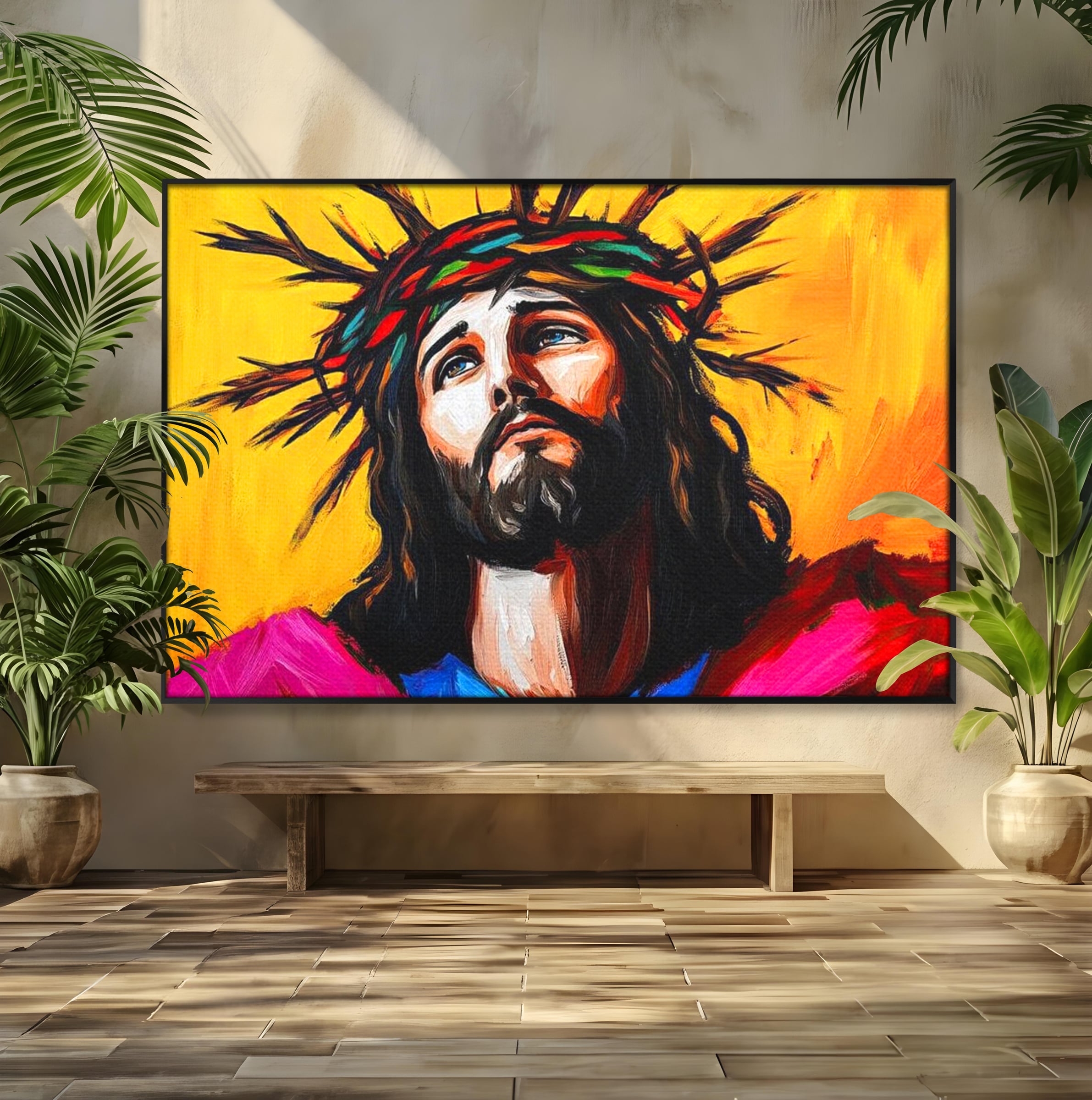 Tablou Canvas Premium LuxCanva® H1053, Sacrificiu Divin, Iisus, Contemplare, Pace Interioara, Coroana de Spini, Cer, Chip, Arta Religioasa Moderna, Living, Dormitor