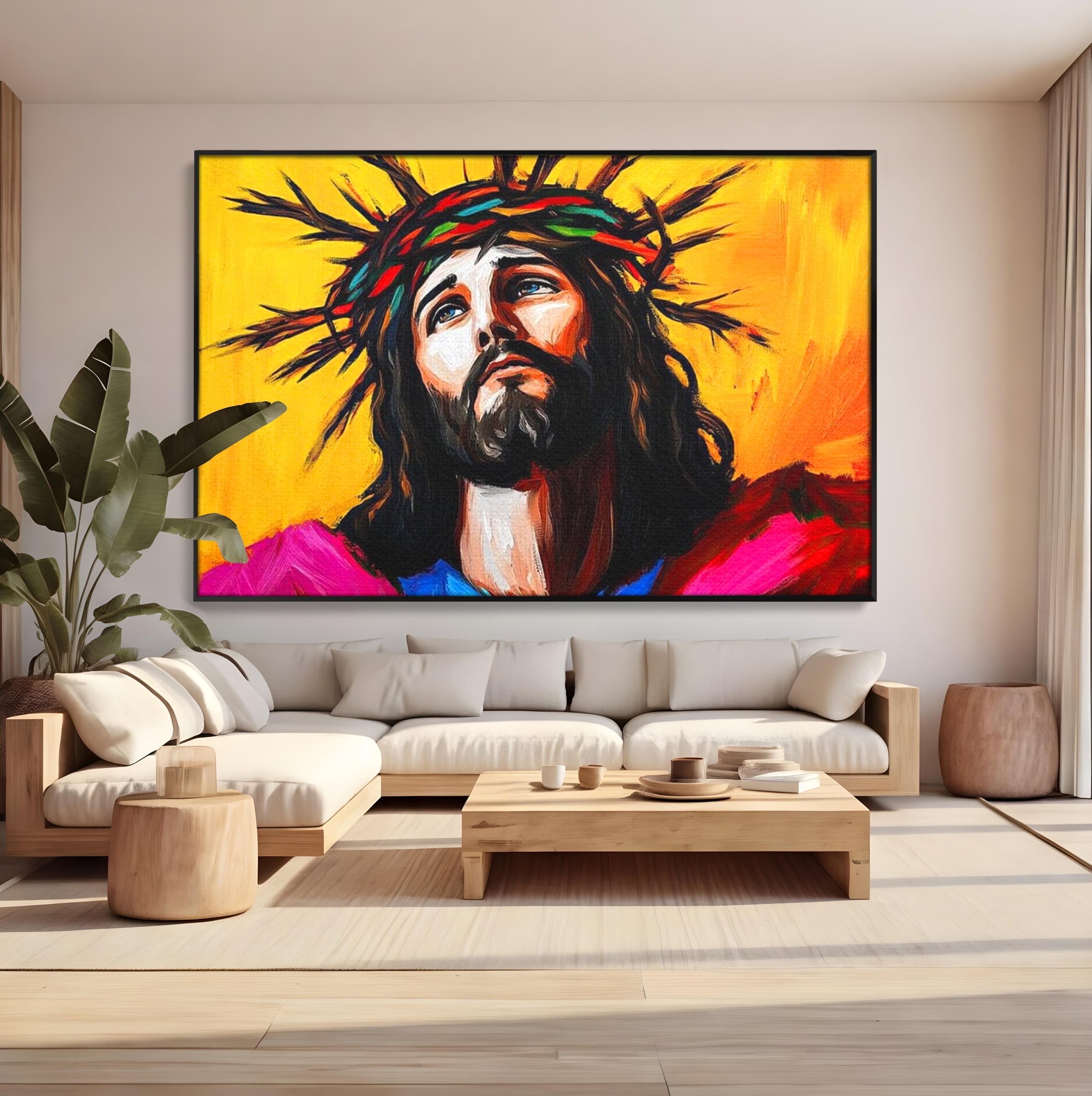 Tablou Canvas Premium LuxCanva® H1053, Sacrificiu Divin, Iisus, Contemplare, Pace Interioara, Coroana de Spini, Cer, Chip, Arta Religioasa Moderna, Living, Dormitor