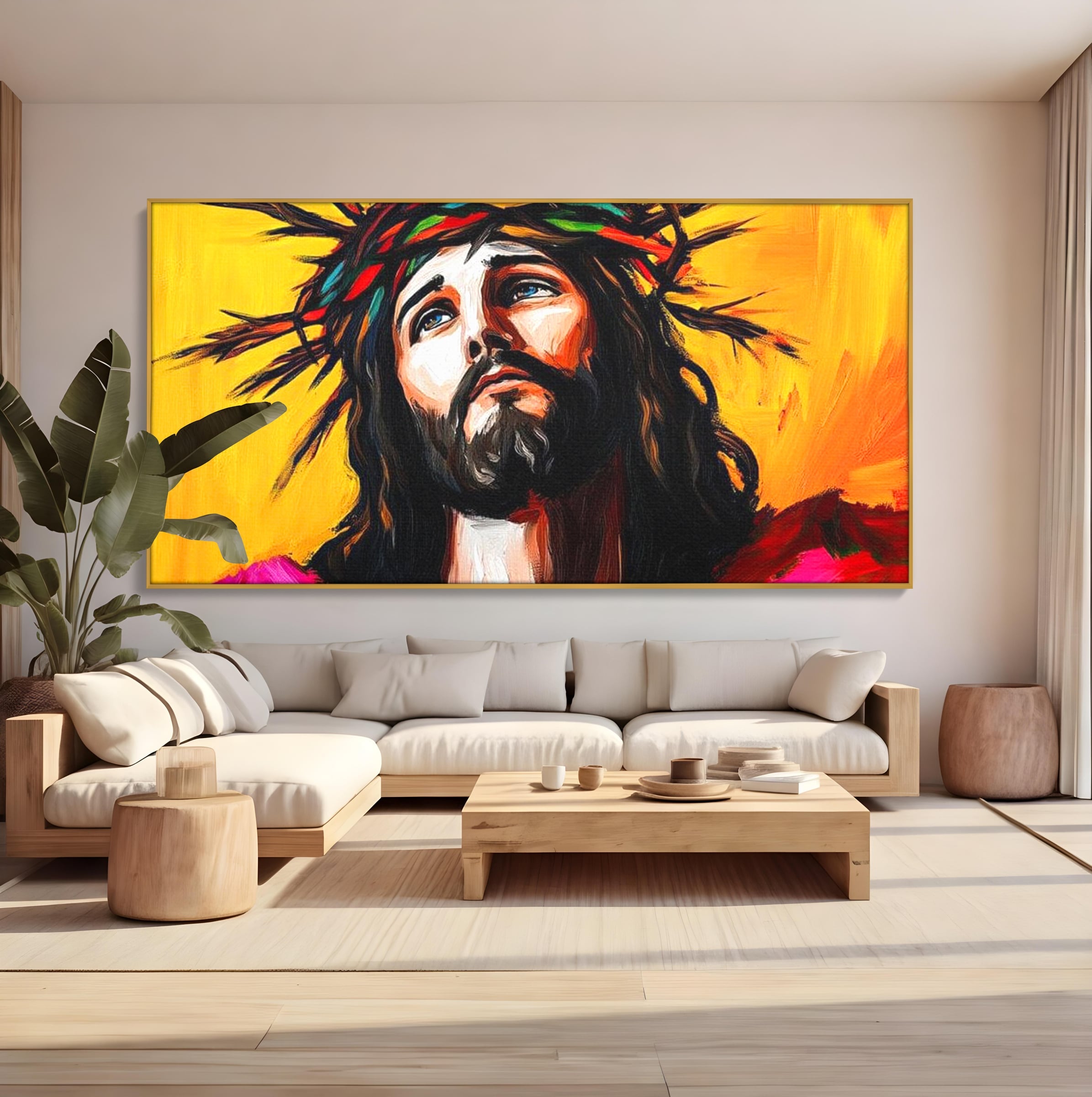 Tablou Canvas Premium LuxCanva® H1053, Sacrificiu Divin, Iisus, Contemplare, Pace Interioara, Coroana de Spini, Cer, Chip, Arta Religioasa Moderna, Living, Dormitor