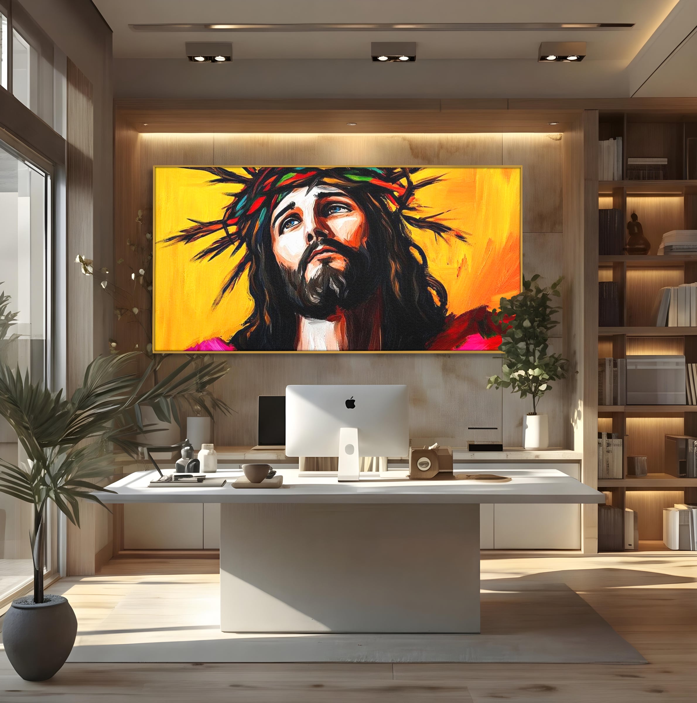 Tablou Canvas Premium LuxCanva® H1053, Sacrificiu Divin, Iisus, Contemplare, Pace Interioara, Coroana de Spini, Cer, Chip, Arta Religioasa Moderna, Living, Dormitor