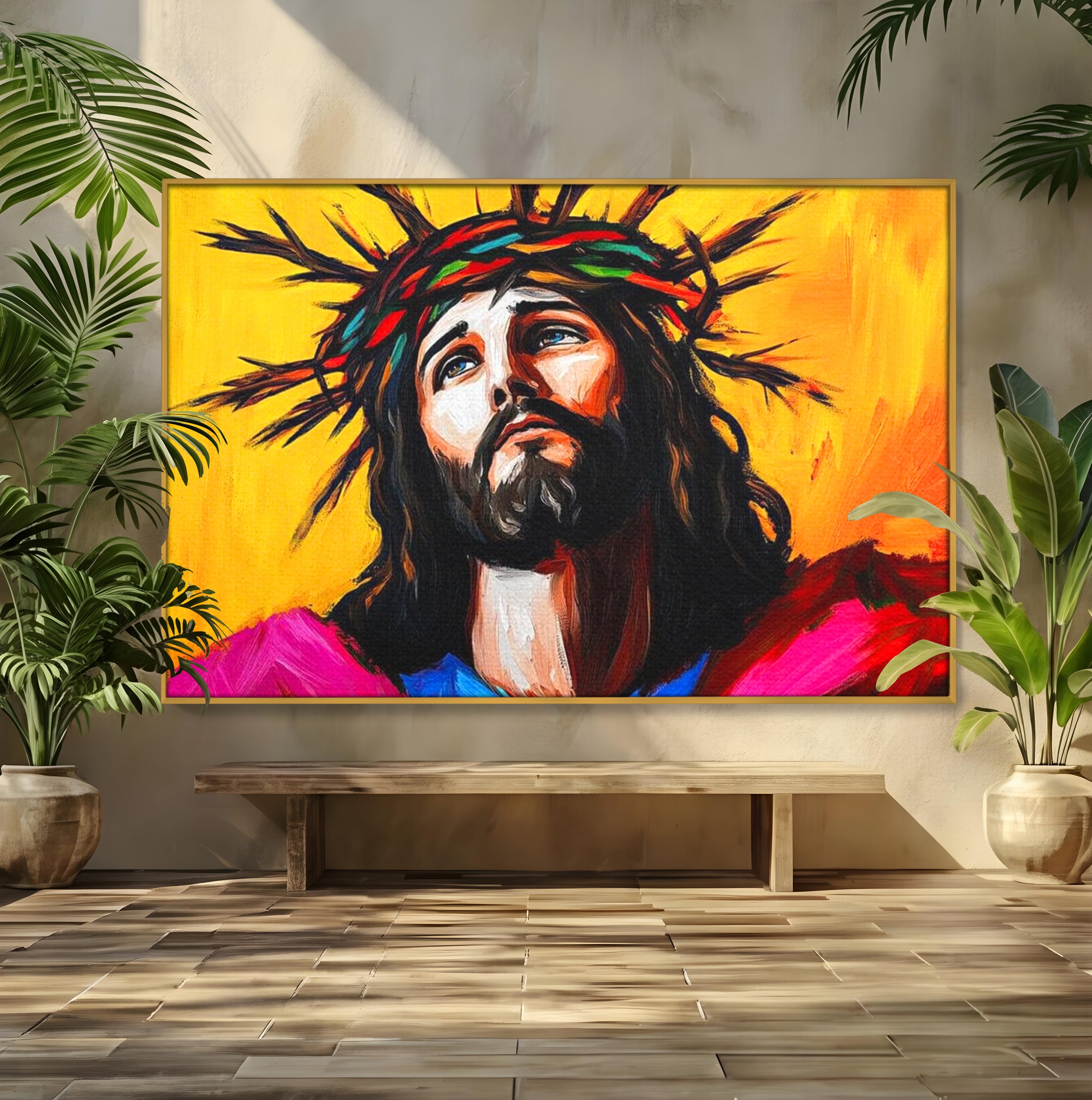 Tablou Canvas Premium LuxCanva® H1053, Sacrificiu Divin, Iisus, Contemplare, Pace Interioara, Coroana de Spini, Cer, Chip, Arta Religioasa Moderna, Living, Dormitor