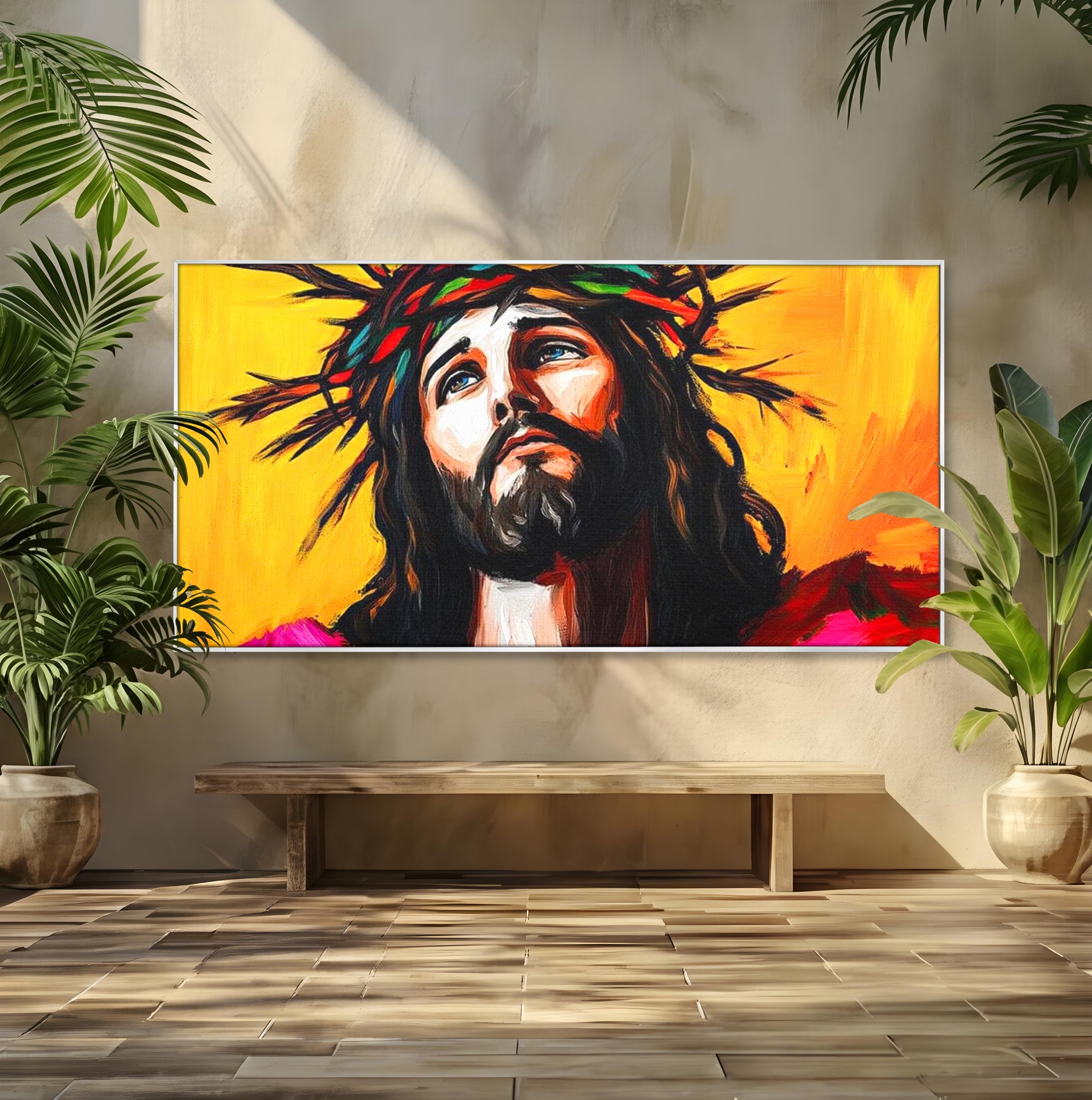 Tablou Canvas Premium LuxCanva® H1053, Sacrificiu Divin, Iisus, Contemplare, Pace Interioara, Coroana de Spini, Cer, Chip, Arta Religioasa Moderna, Living, Dormitor