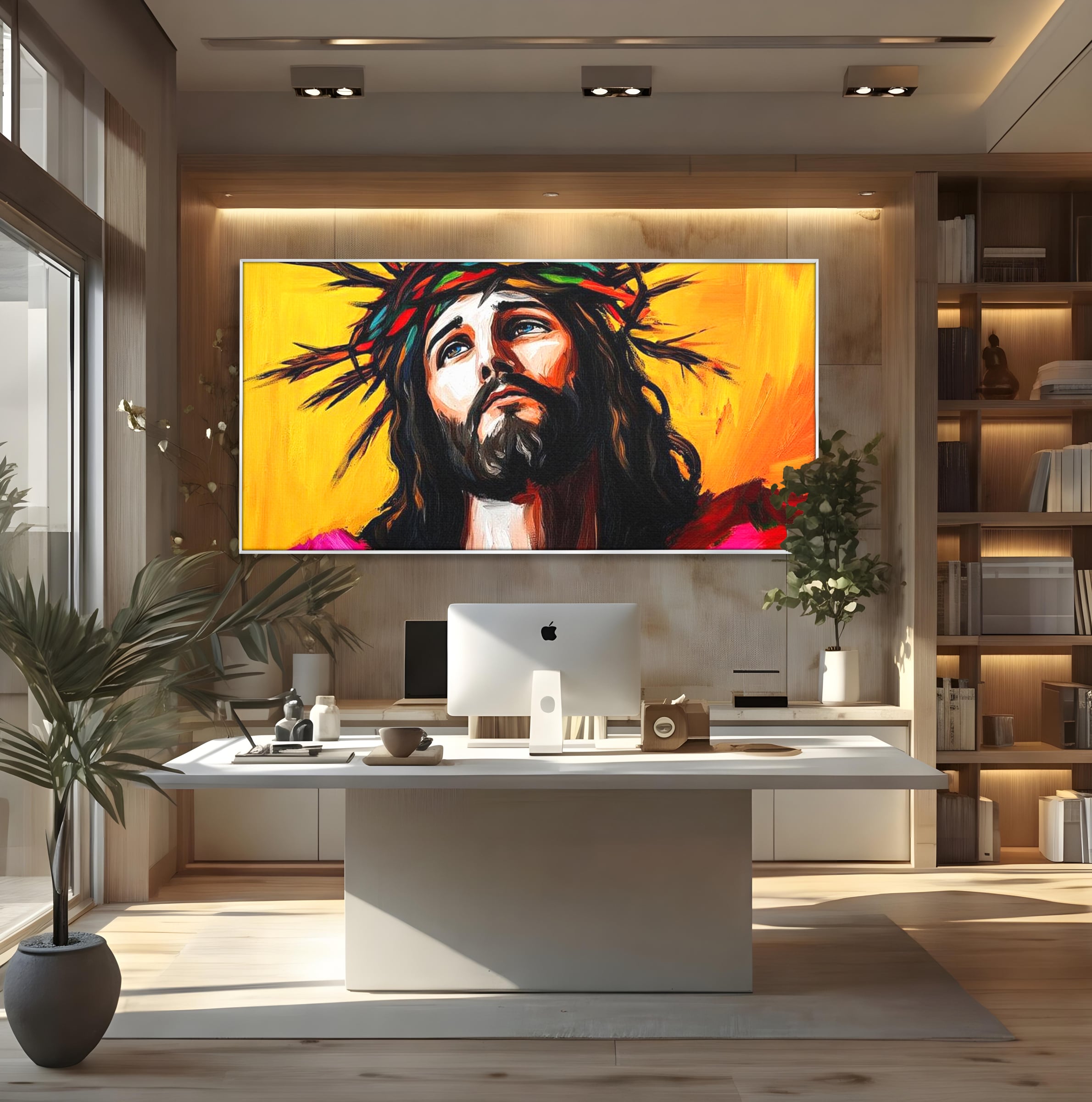 Tablou Canvas Premium LuxCanva® H1053, Sacrificiu Divin, Iisus, Contemplare, Pace Interioara, Coroana de Spini, Cer, Chip, Arta Religioasa Moderna, Living, Dormitor