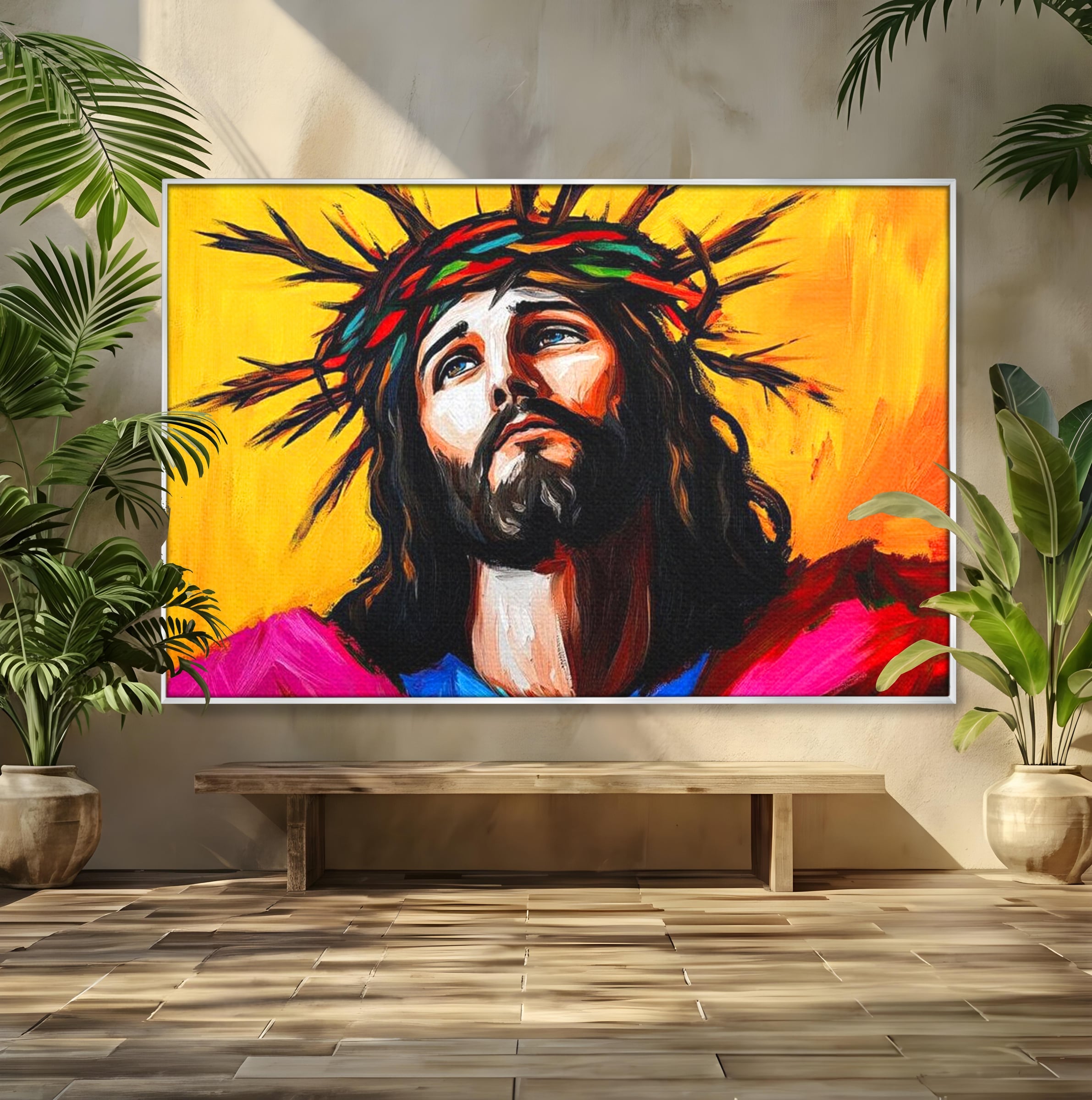 Tablou Canvas Premium LuxCanva® H1053, Sacrificiu Divin, Iisus, Contemplare, Pace Interioara, Coroana de Spini, Cer, Chip, Arta Religioasa Moderna, Living, Dormitor