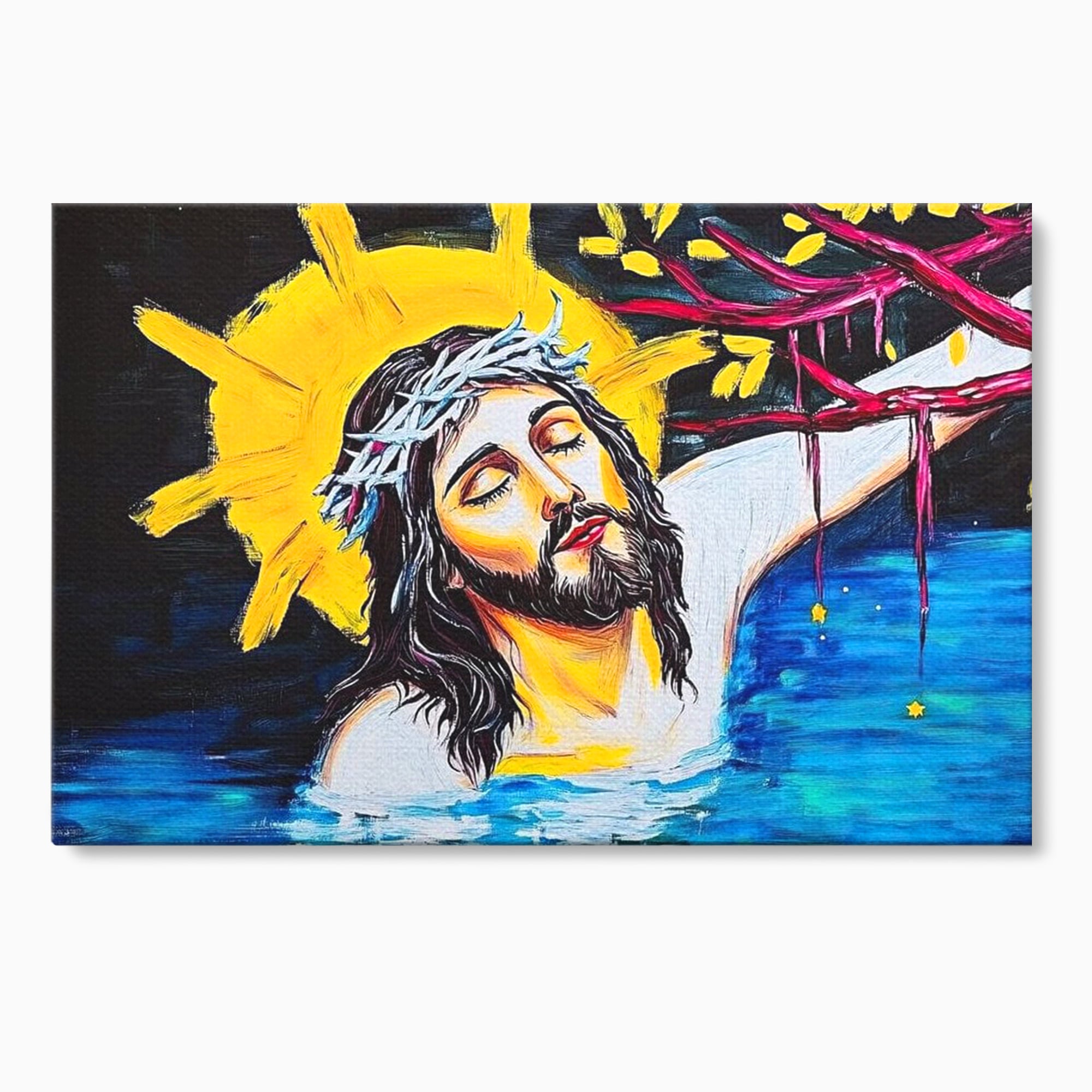 Tablou Canvas Premium LuxCanva® H1054, Jertfa si Lumina, Iisus, Sacrificiu, Iertare, Lumina, Sange, Apa, Ramuri, Coroana, Arta Religioasa Moderna, Living, Dormitor