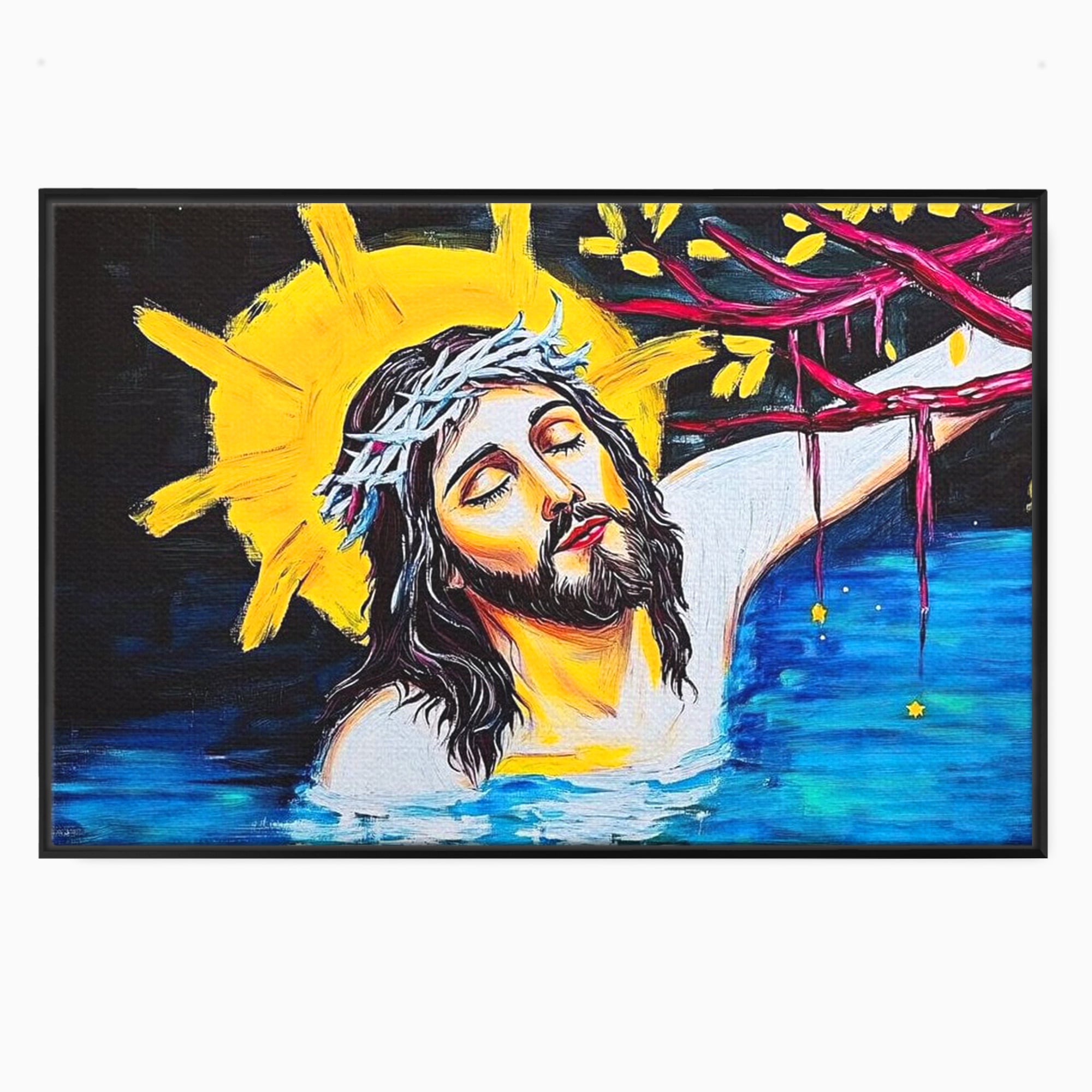 Tablou Canvas Premium LuxCanva® H1054, Jertfa si Lumina, Iisus, Sacrificiu, Iertare, Lumina, Sange, Apa, Ramuri, Coroana, Arta Religioasa Moderna, Living, Dormitor