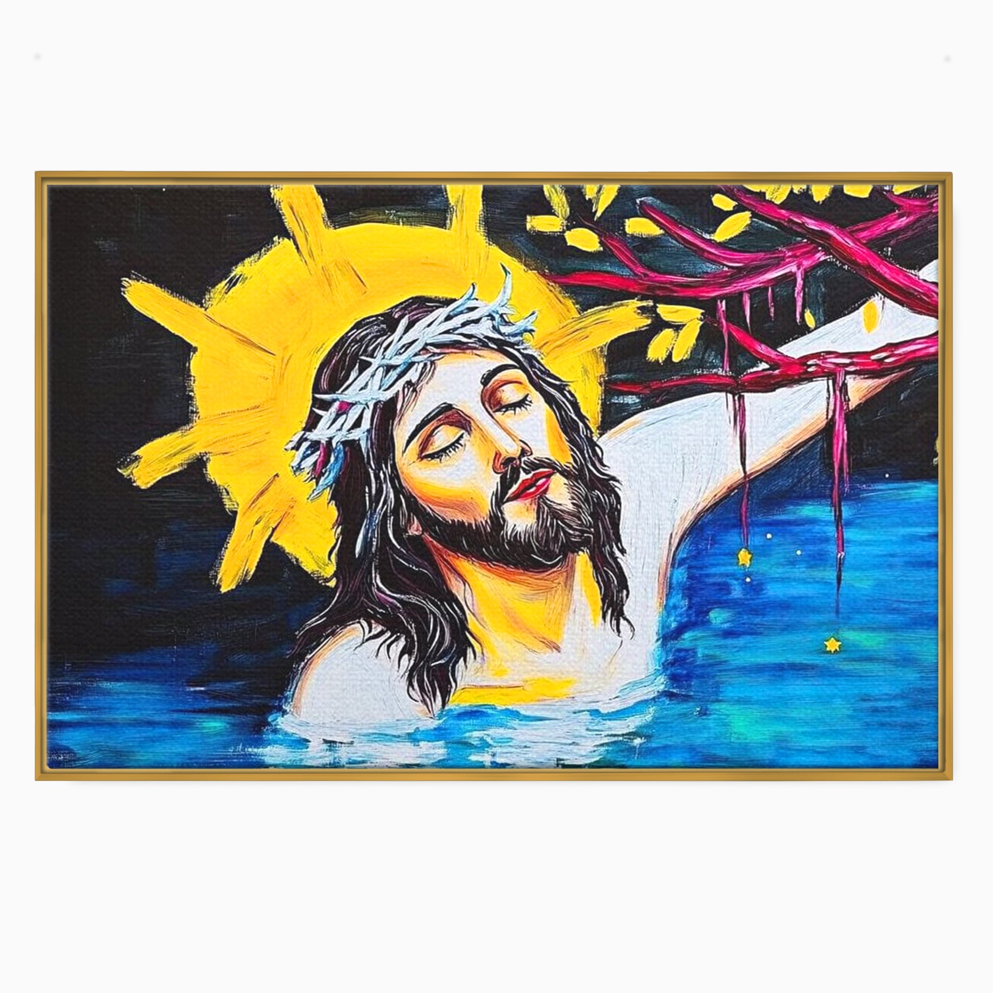 Tablou Canvas Premium LuxCanva® H1054, Jertfa si Lumina, Iisus, Sacrificiu, Iertare, Lumina, Sange, Apa, Ramuri, Coroana, Arta Religioasa Moderna, Living, Dormitor