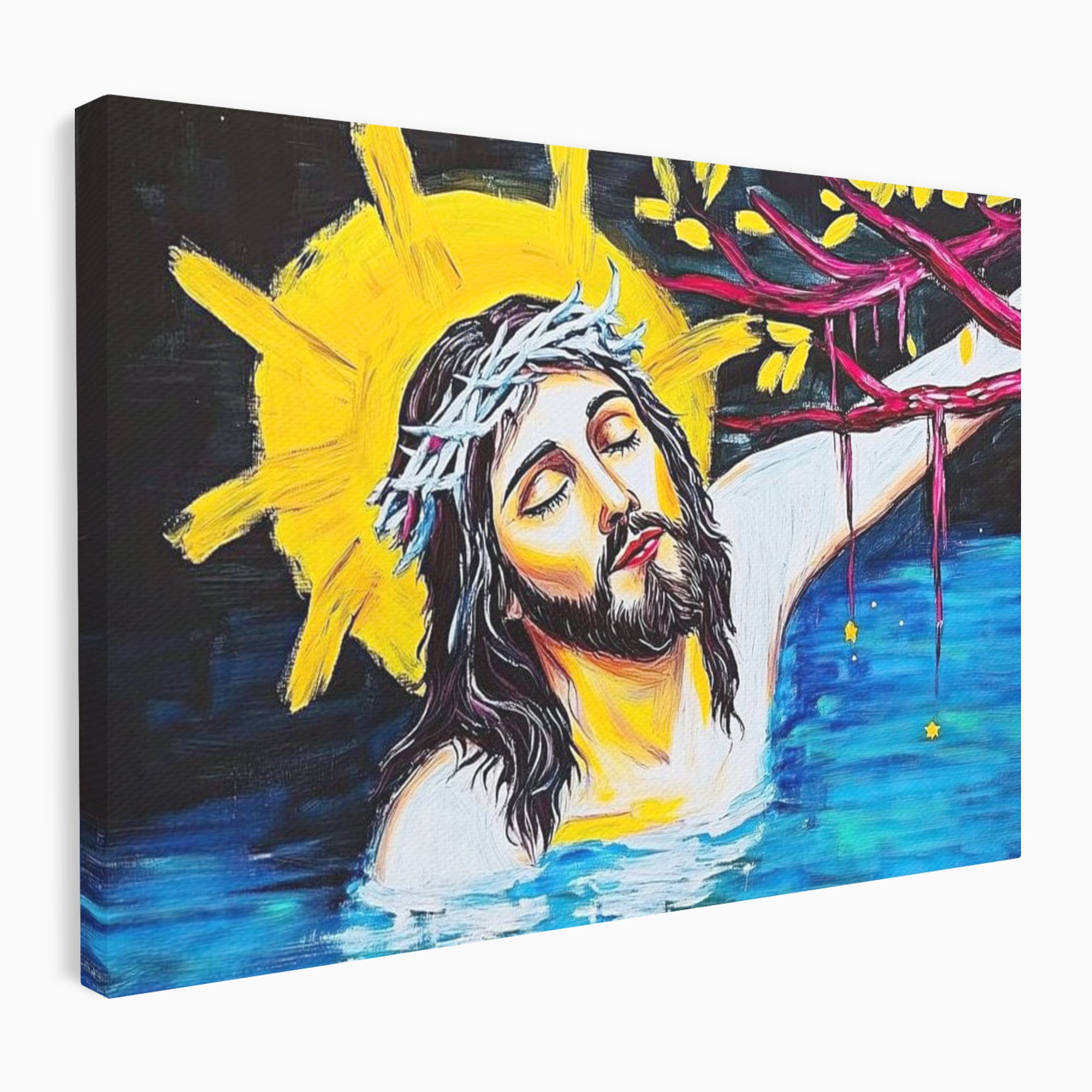 Tablou Canvas Premium LuxCanva® H1054, Jertfa si Lumina, Iisus, Sacrificiu, Iertare, Lumina, Sange, Apa, Ramuri, Coroana, Arta Religioasa Moderna, Living, Dormitor