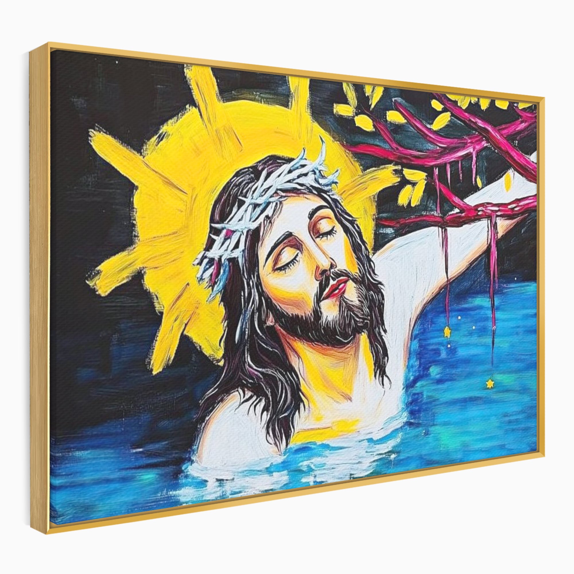 Tablou Canvas Premium LuxCanva® H1054, Jertfa si Lumina, Iisus, Sacrificiu, Iertare, Lumina, Sange, Apa, Ramuri, Coroana, Arta Religioasa Moderna, Living, Dormitor