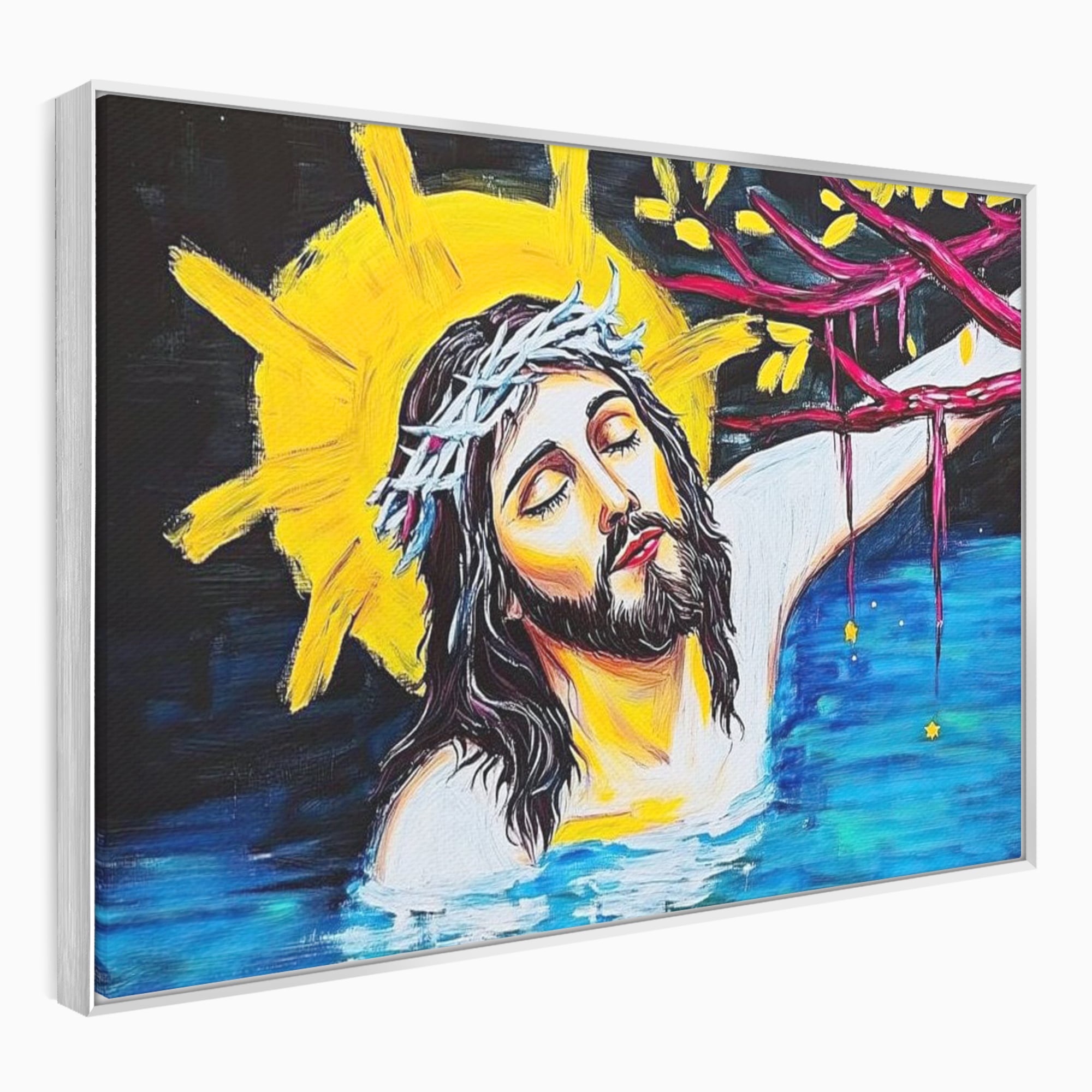 Tablou Canvas Premium LuxCanva® H1054, Jertfa si Lumina, Iisus, Sacrificiu, Iertare, Lumina, Sange, Apa, Ramuri, Coroana, Arta Religioasa Moderna, Living, Dormitor