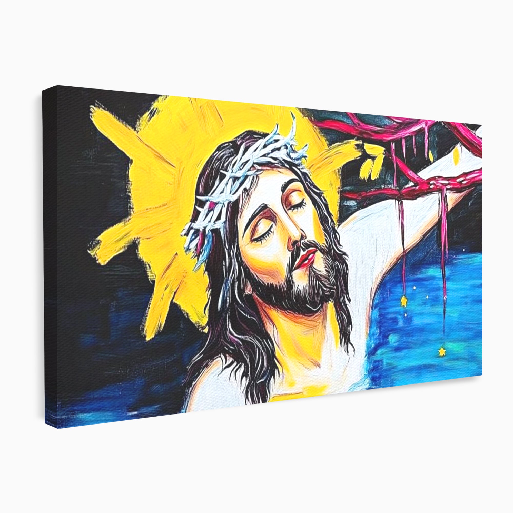 Tablou Canvas Premium LuxCanva® H1054, Jertfa si Lumina, Iisus, Sacrificiu, Iertare, Lumina, Sange, Apa, Ramuri, Coroana, Arta Religioasa Moderna, Living, Dormitor