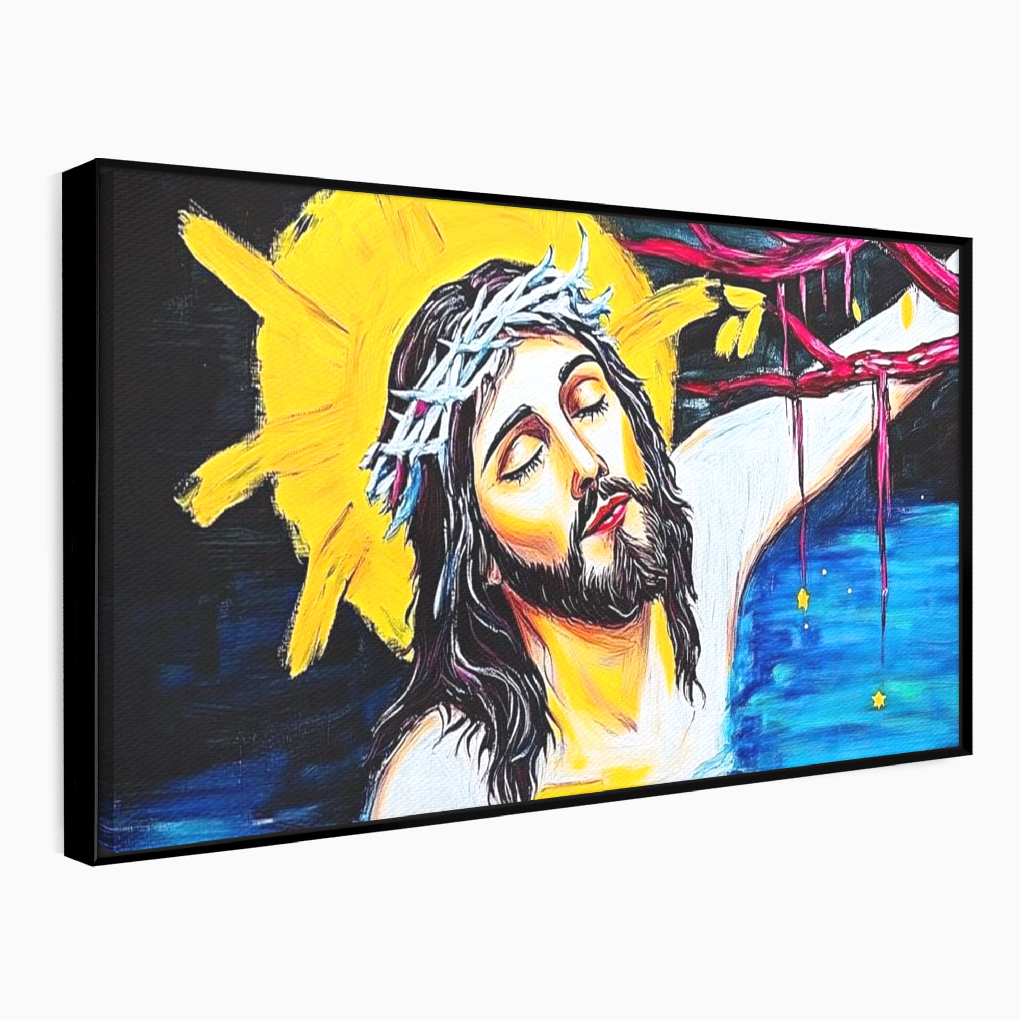 Tablou Canvas Premium LuxCanva® H1054, Jertfa si Lumina, Iisus, Sacrificiu, Iertare, Lumina, Sange, Apa, Ramuri, Coroana, Arta Religioasa Moderna, Living, Dormitor