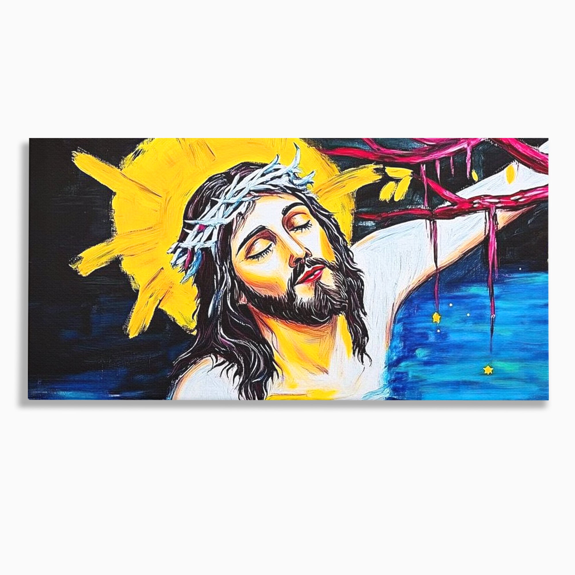 Tablou Canvas Premium LuxCanva® H1054, Jertfa si Lumina, Iisus, Sacrificiu, Iertare, Lumina, Sange, Apa, Ramuri, Coroana, Arta Religioasa Moderna, Living, Dormitor