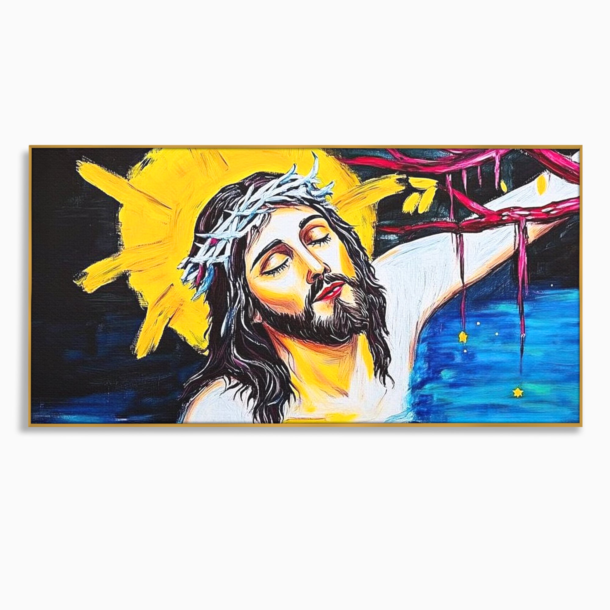 Tablou Canvas Premium LuxCanva® H1054, Jertfa si Lumina, Iisus, Sacrificiu, Iertare, Lumina, Sange, Apa, Ramuri, Coroana, Arta Religioasa Moderna, Living, Dormitor