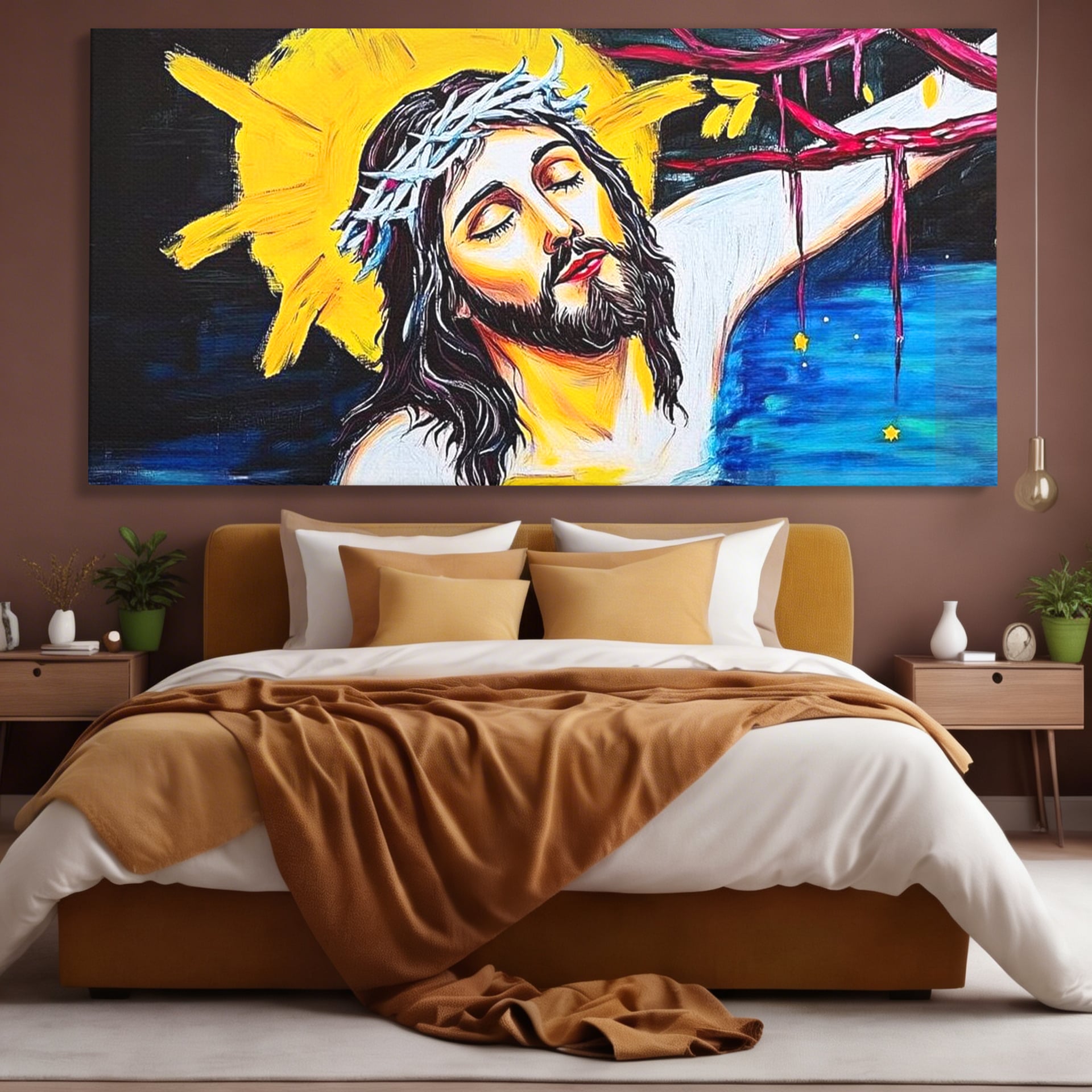 Tablou Canvas Premium LuxCanva® H1054, Jertfa si Lumina, Iisus, Sacrificiu, Iertare, Lumina, Sange, Apa, Ramuri, Coroana, Arta Religioasa Moderna, Living, Dormitor