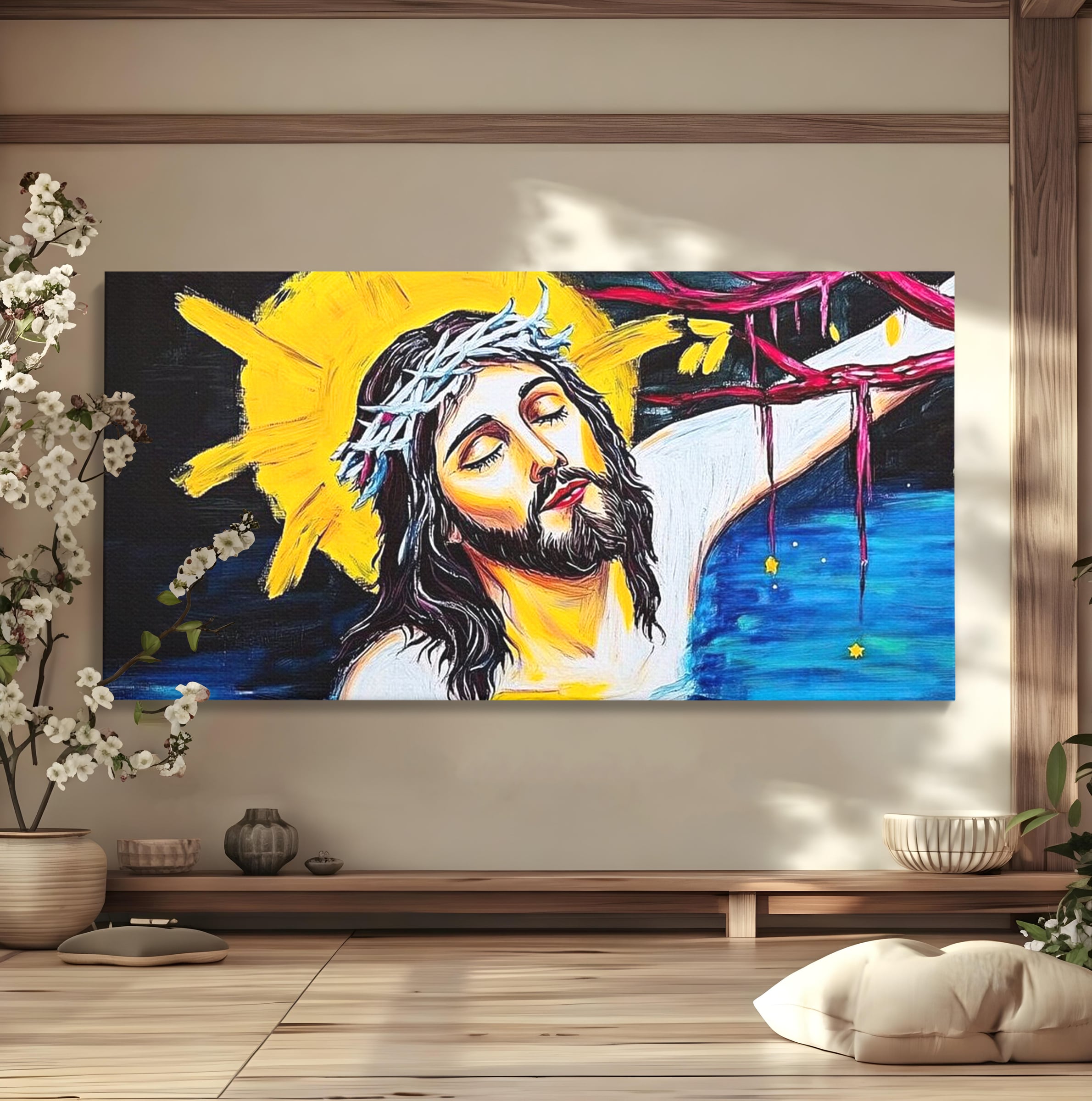 Tablou Canvas Premium LuxCanva® H1054, Jertfa si Lumina, Iisus, Sacrificiu, Iertare, Lumina, Sange, Apa, Ramuri, Coroana, Arta Religioasa Moderna, Living, Dormitor