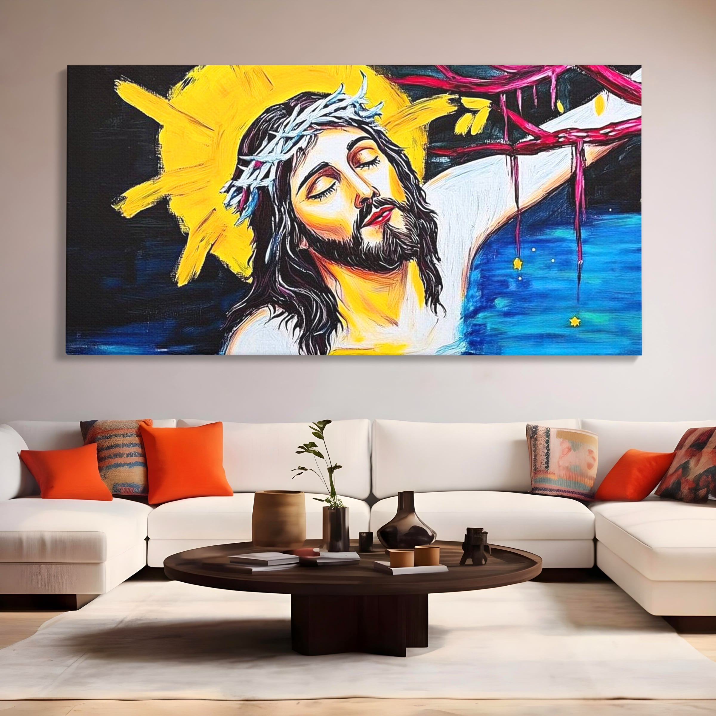 Tablou Canvas Premium LuxCanva® H1054, Jertfa si Lumina, Iisus, Sacrificiu, Iertare, Lumina, Sange, Apa, Ramuri, Coroana, Arta Religioasa Moderna, Living, Dormitor