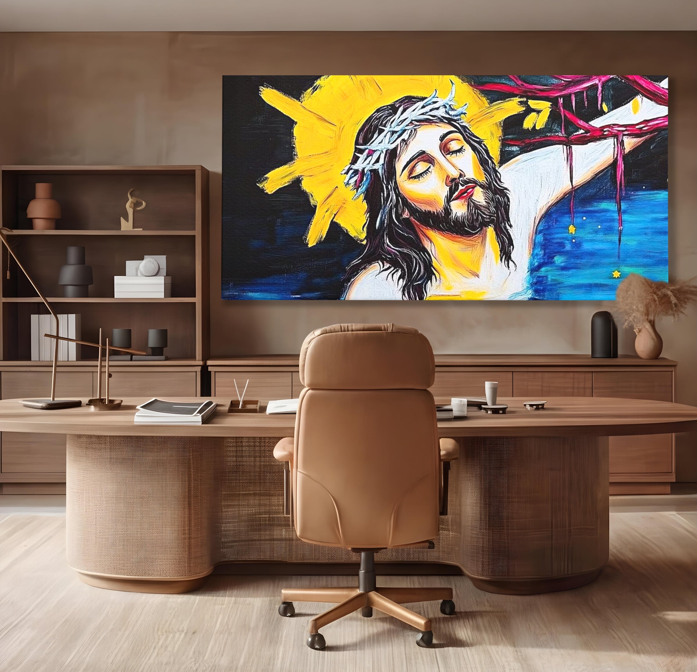 Tablou Canvas Premium LuxCanva® H1054, Jertfa si Lumina, Iisus, Sacrificiu, Iertare, Lumina, Sange, Apa, Ramuri, Coroana, Arta Religioasa Moderna, Living, Dormitor
