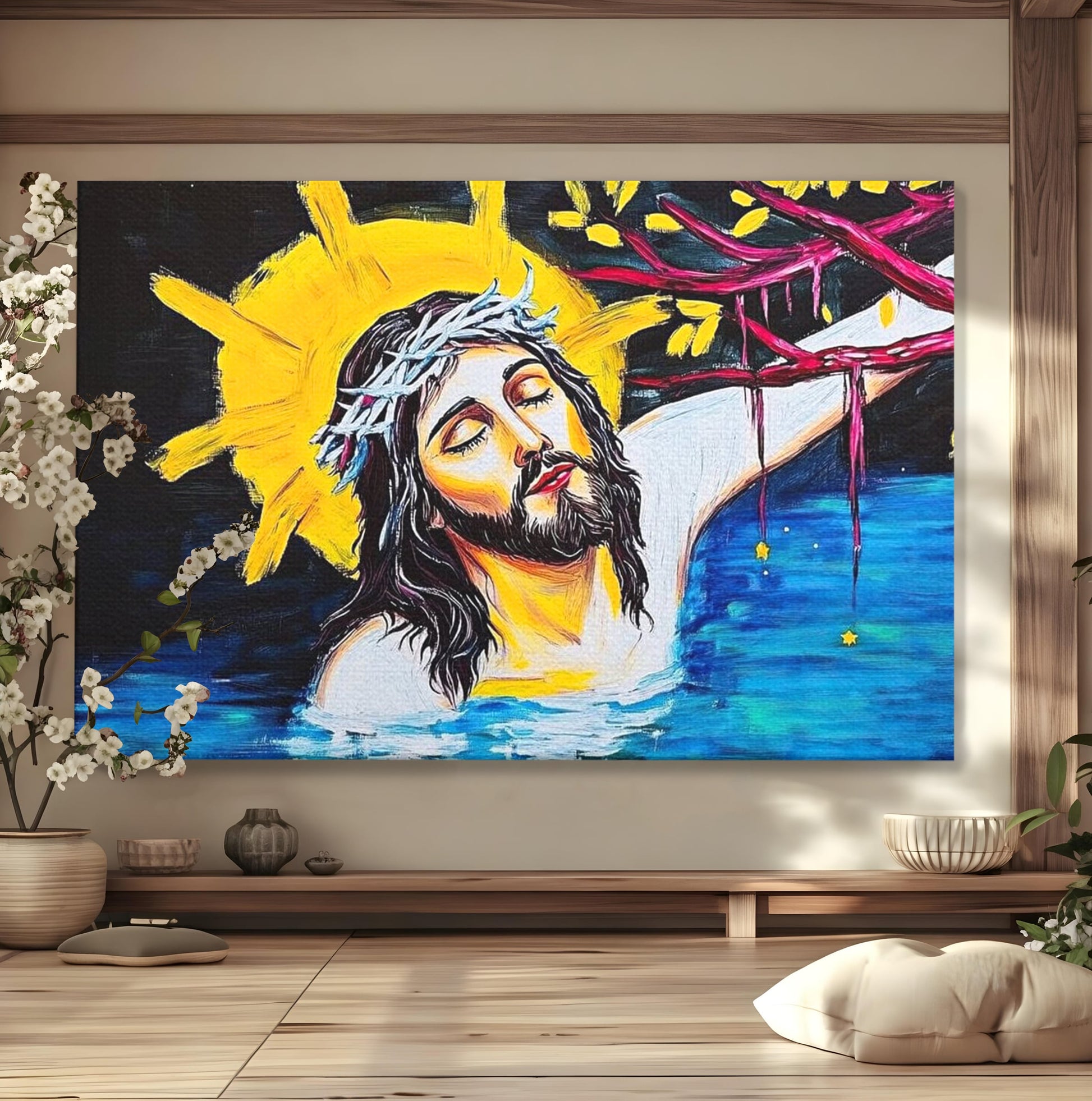 Tablou Canvas Premium LuxCanva® H1054, Jertfa si Lumina, Iisus, Sacrificiu, Iertare, Lumina, Sange, Apa, Ramuri, Coroana, Arta Religioasa Moderna, Living, Dormitor