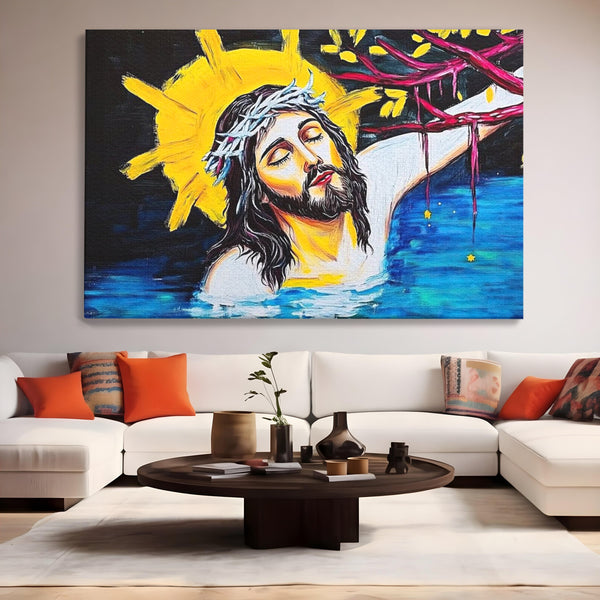Tablou Canvas Premium LuxCanva® H1054, Jertfa si Lumina, Iisus, Sacrificiu, Iertare, Lumina, Sange, Apa, Ramuri, Coroana, Arta Religioasa Moderna, Living, Dormitor