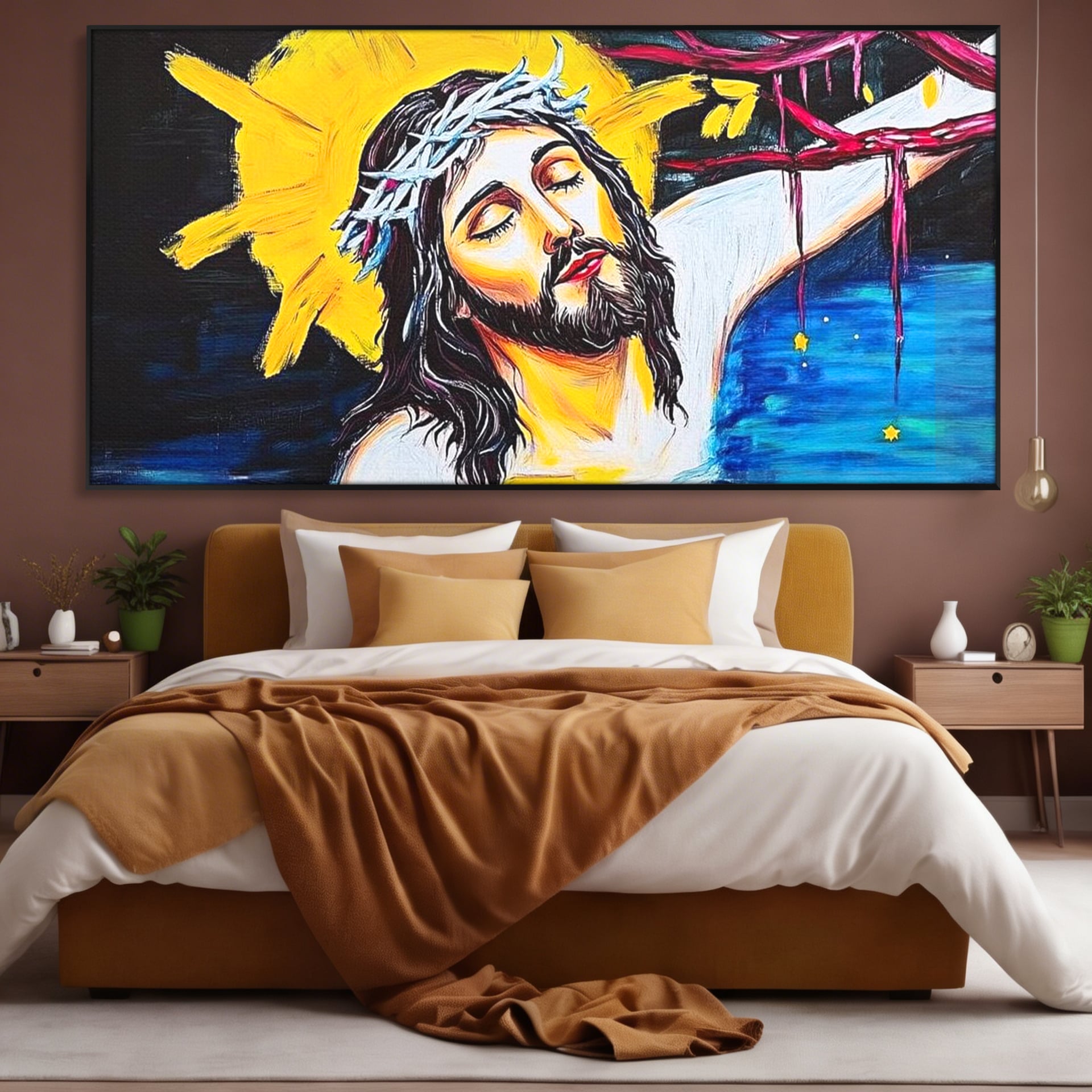 Tablou Canvas Premium LuxCanva® H1054, Jertfa si Lumina, Iisus, Sacrificiu, Iertare, Lumina, Sange, Apa, Ramuri, Coroana, Arta Religioasa Moderna, Living, Dormitor
